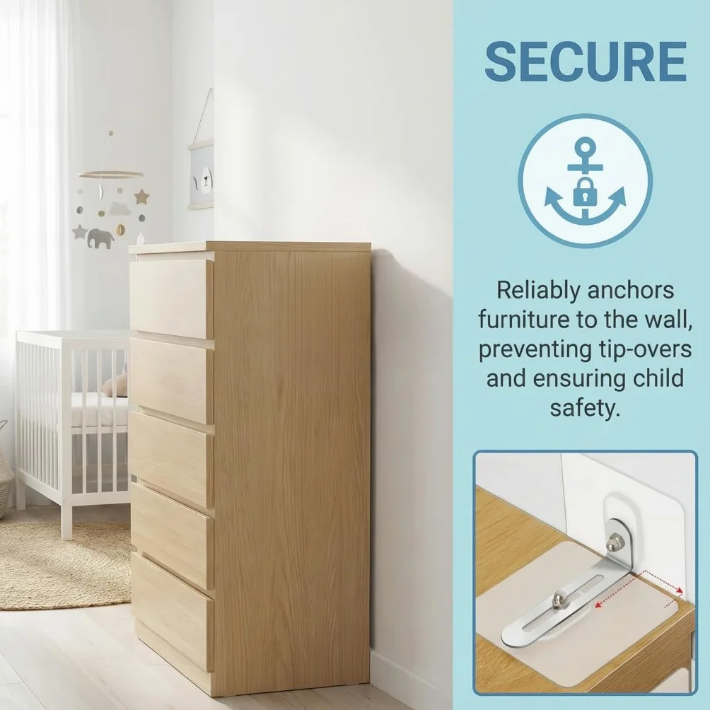 Ancrage de Sécurité de Meuble 4 Pièces Anti Basculement Sans Percage pour Protection Bébés Animaux Fixation Murale