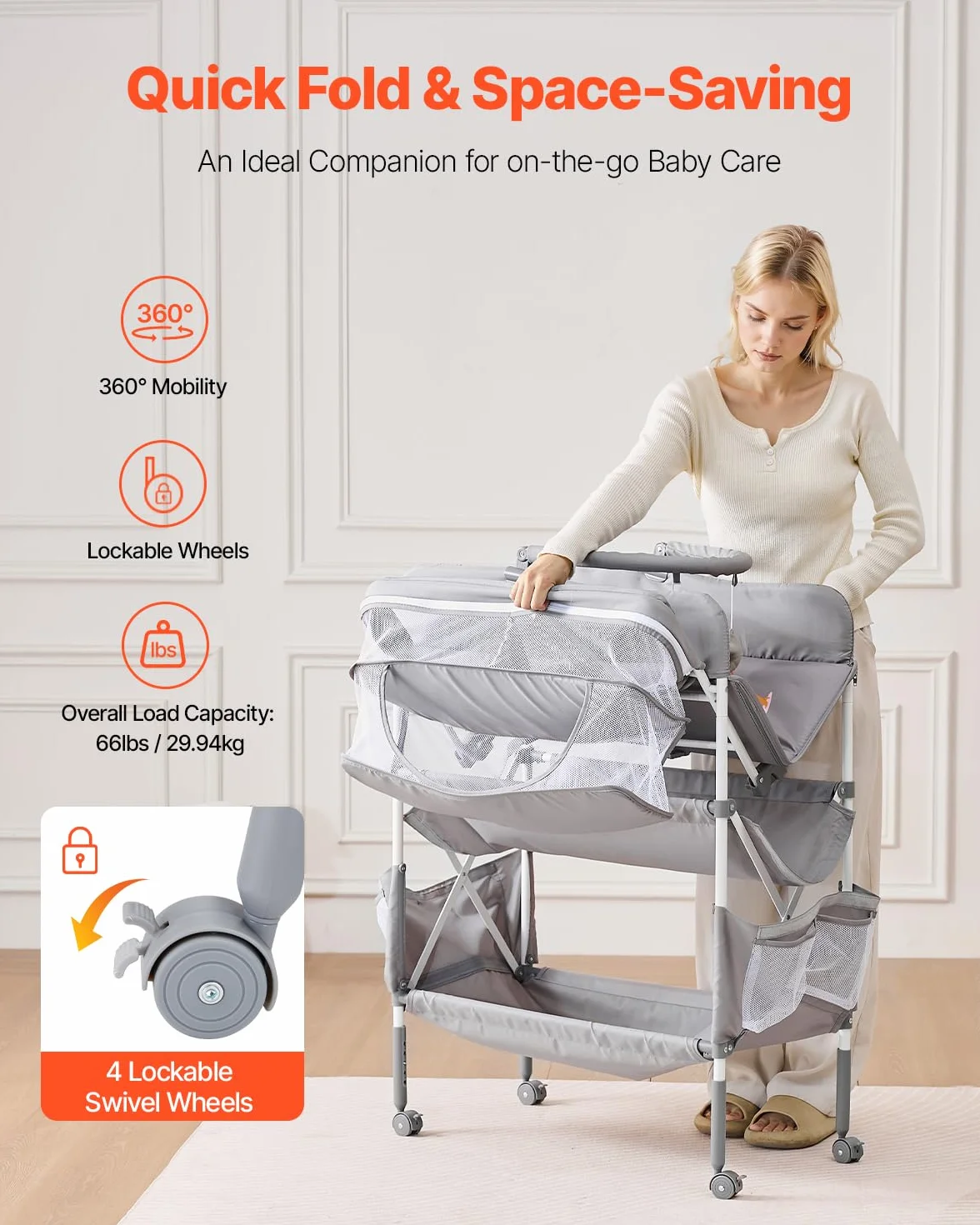 VEVOR Table à langer bébé pliable 2 tiroirs en tissu hauteur réglable roulettes verrouillables