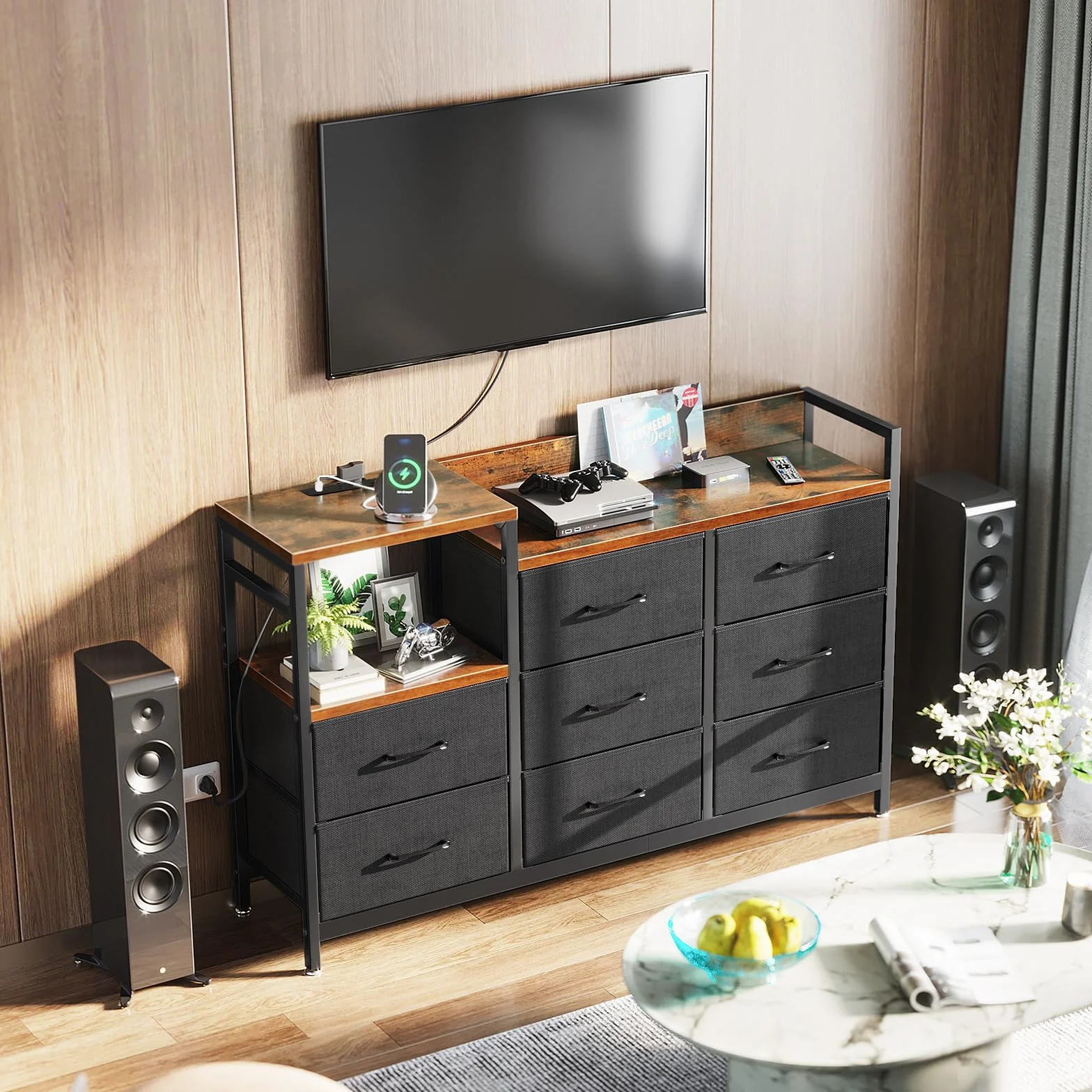 ODK Commode Chambre 2 Ports USB 2 Ports AC Armoire à tiroirs 132x30x88 cm Vintage Noir