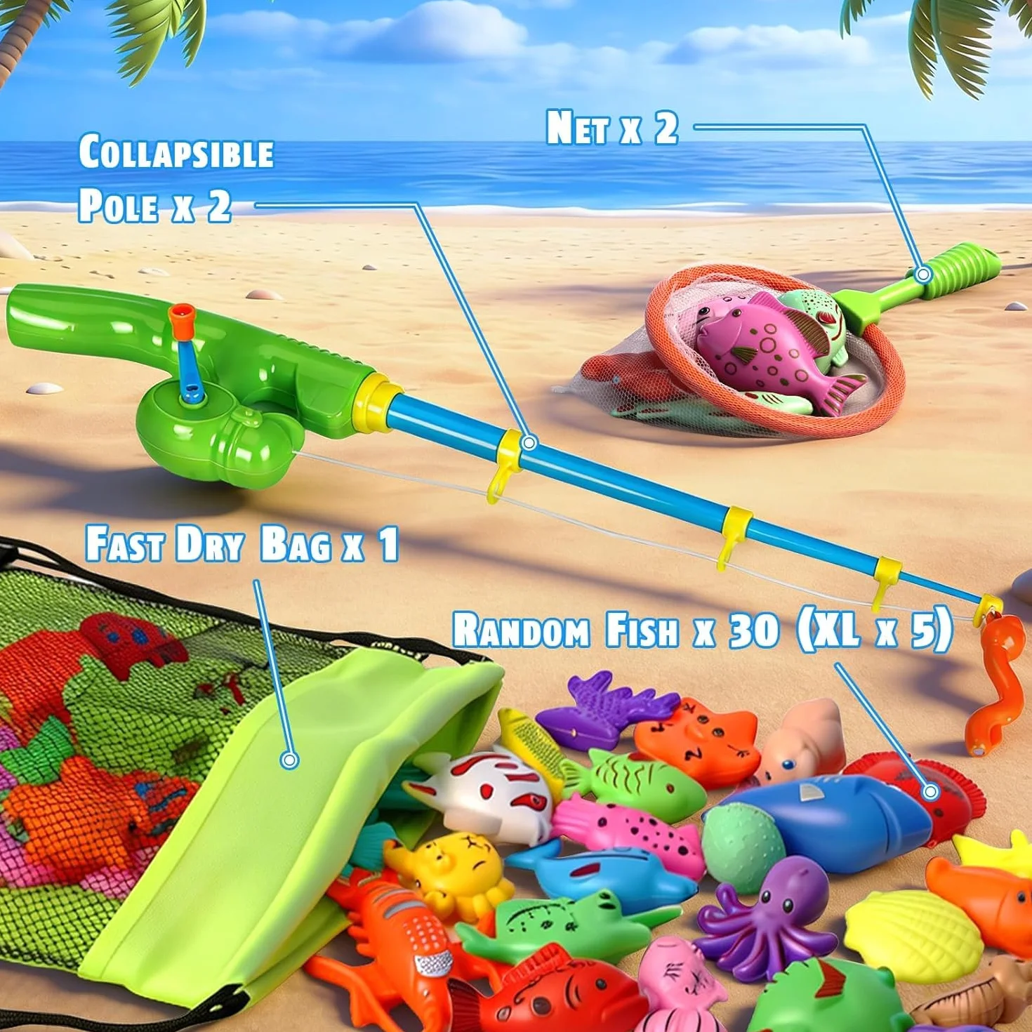 Jouet de Pêche Aquatique Éducatif 3+ Ans avec 30 Animaux Flottants Set Magnétique 2 Cânes & 2 Épuisettes