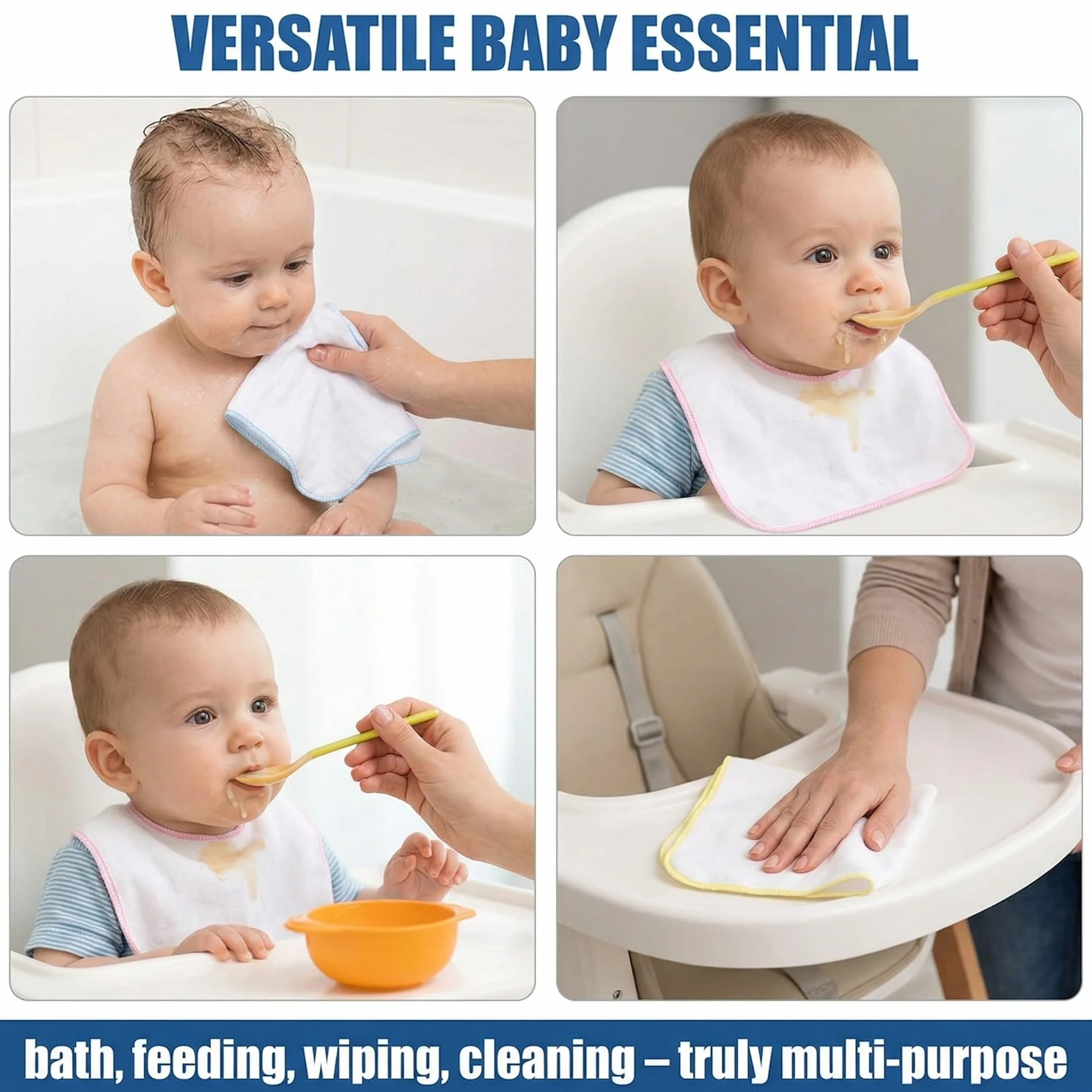 Lingette Bebe Gants Toilette Flanelle Coton Bio Lavables Standard - 8X Blanc Rose Bleu Jaune