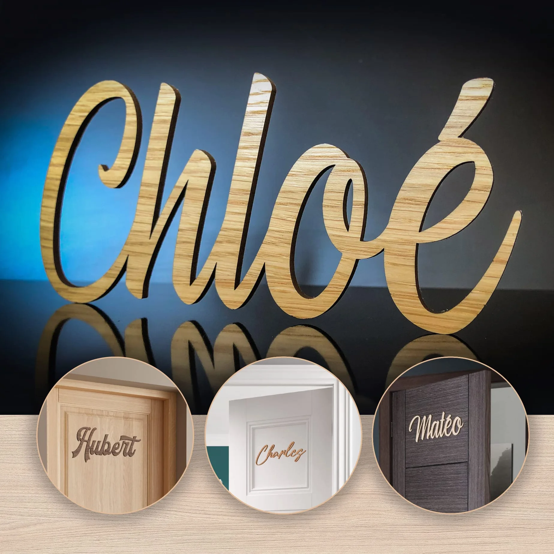 Plaque En Bois Personnalisable Pour Porte De Chambre D'Enfant - Nom D'Enfant Avec Lettres Découpées (Chêne)