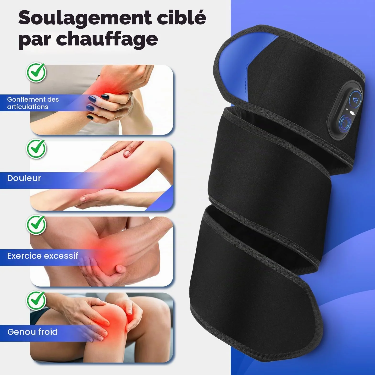 Coussin chauffant sans fil pour bras coude jambe 5000 mAh chauffage rapide 3 réglages chaleur durée