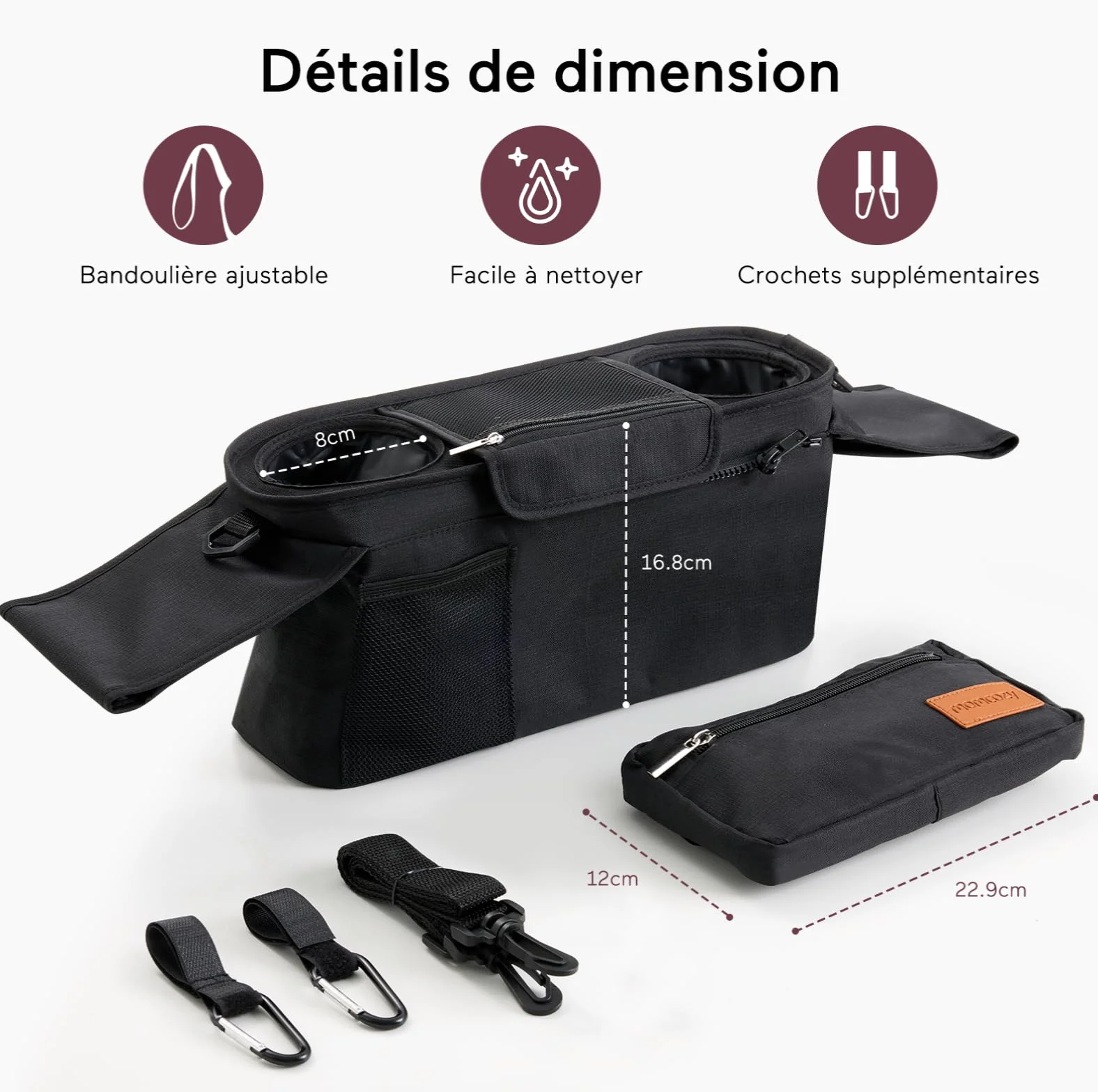 Momcozy Organisateur de Poussette avec 2 Porte-Gobelets Isolés, Sac de Rangement Universel Noir
