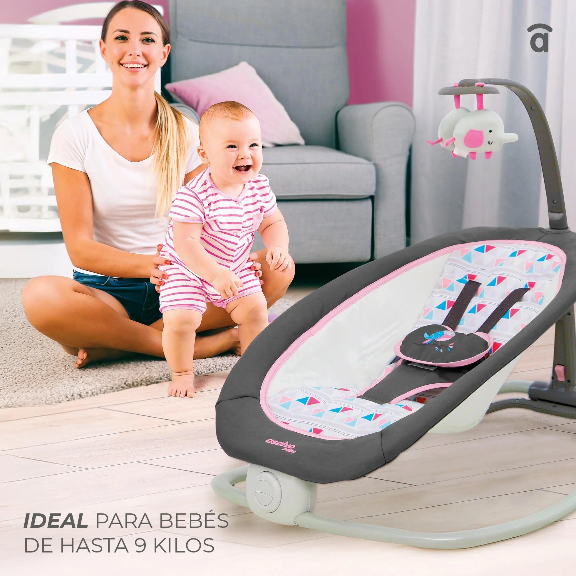 Asalvo Hamac éléphant bébé pliable 4 positions musique vibration harnais 5 points charge max 9 kg Gris Aqua