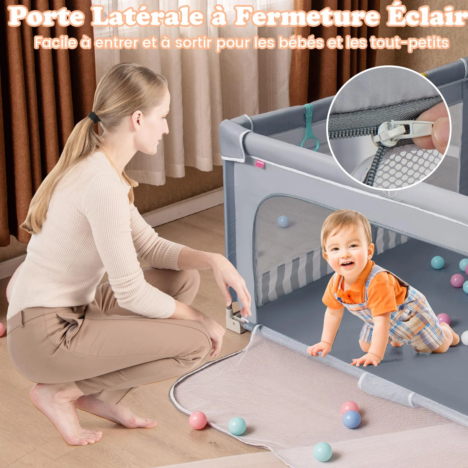 COSTWAY Parc Bébé Pliable 150x150x76,5 cm avec 50 Balles Océaniques, Filet Respirant, Portail Zippé, Gris