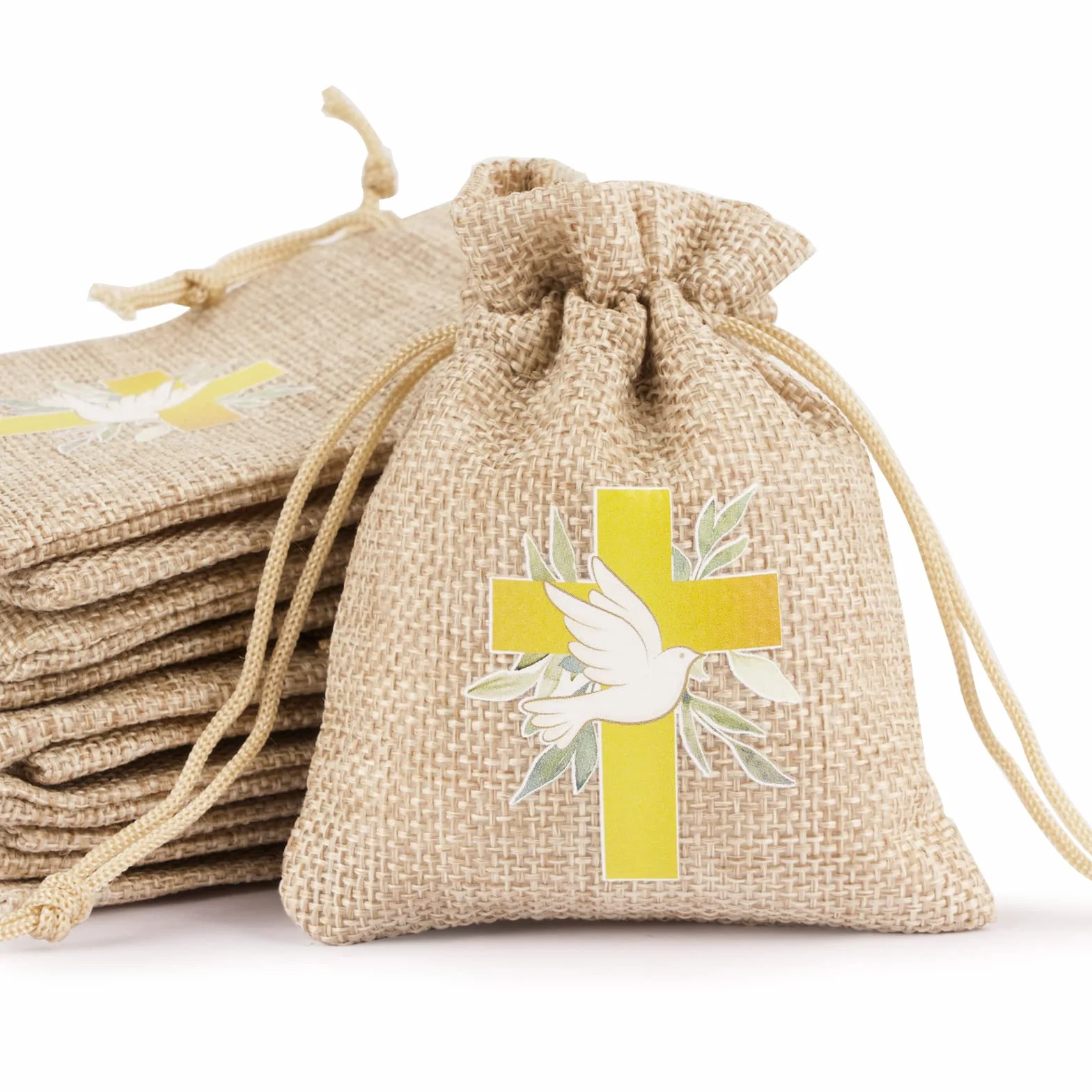 BETESSIN 24pcs Sachet Dragée Jute Pochette Communion Baptême 8x10cm Toile Chanvre Confirmation Sac Poche Bijoux Bonbon Chocolat Cadeau Perle Faveur Décoration Fête Communion