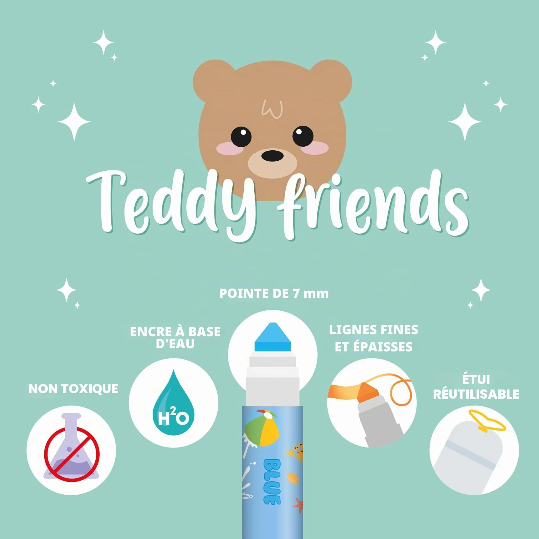 LEGAMI Lot de 12 feutres Teddy Friends lavables non toxiques pointe anti-retour traits fins et larges emballage réutilisable