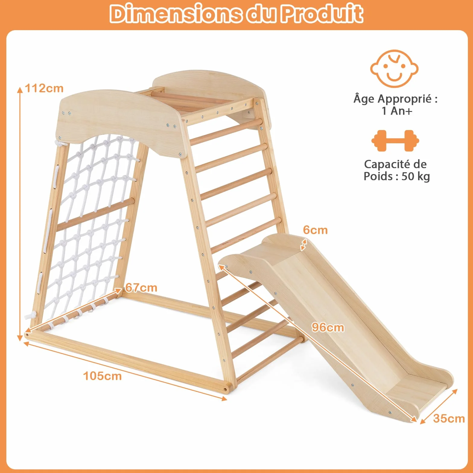 GOPLUS Triangle d'Escalade Montessori 4 en 1 avec Toboggan et Filet, Charge 50KG pour Enfants 1 an+