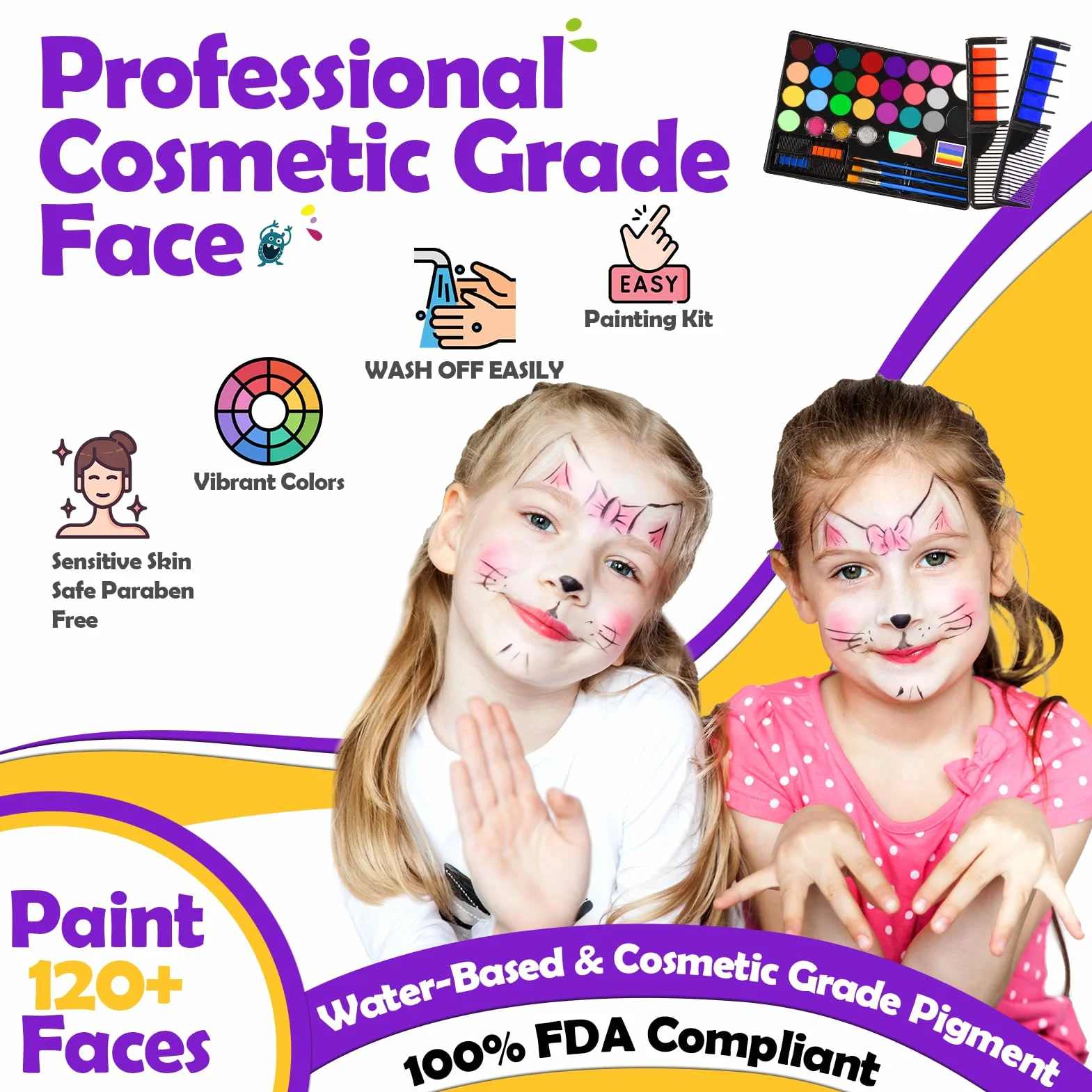 Peinture Visage Enfant 28 Couleurs Palette Maquillage Carnaval avec 3 Pinceaux 30 Pochoirs