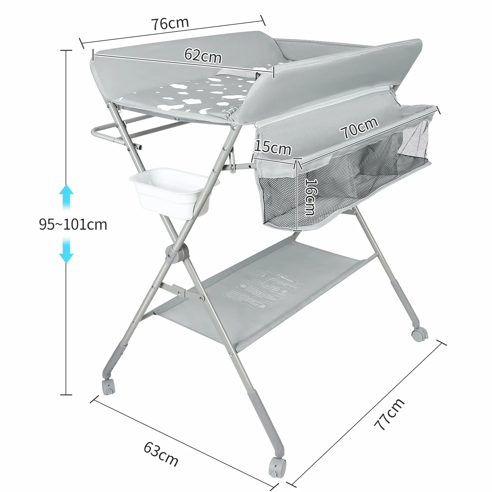 Table à langer bébé pliante portable avec roues hauteur réglable gris clair 80x58x90 cm