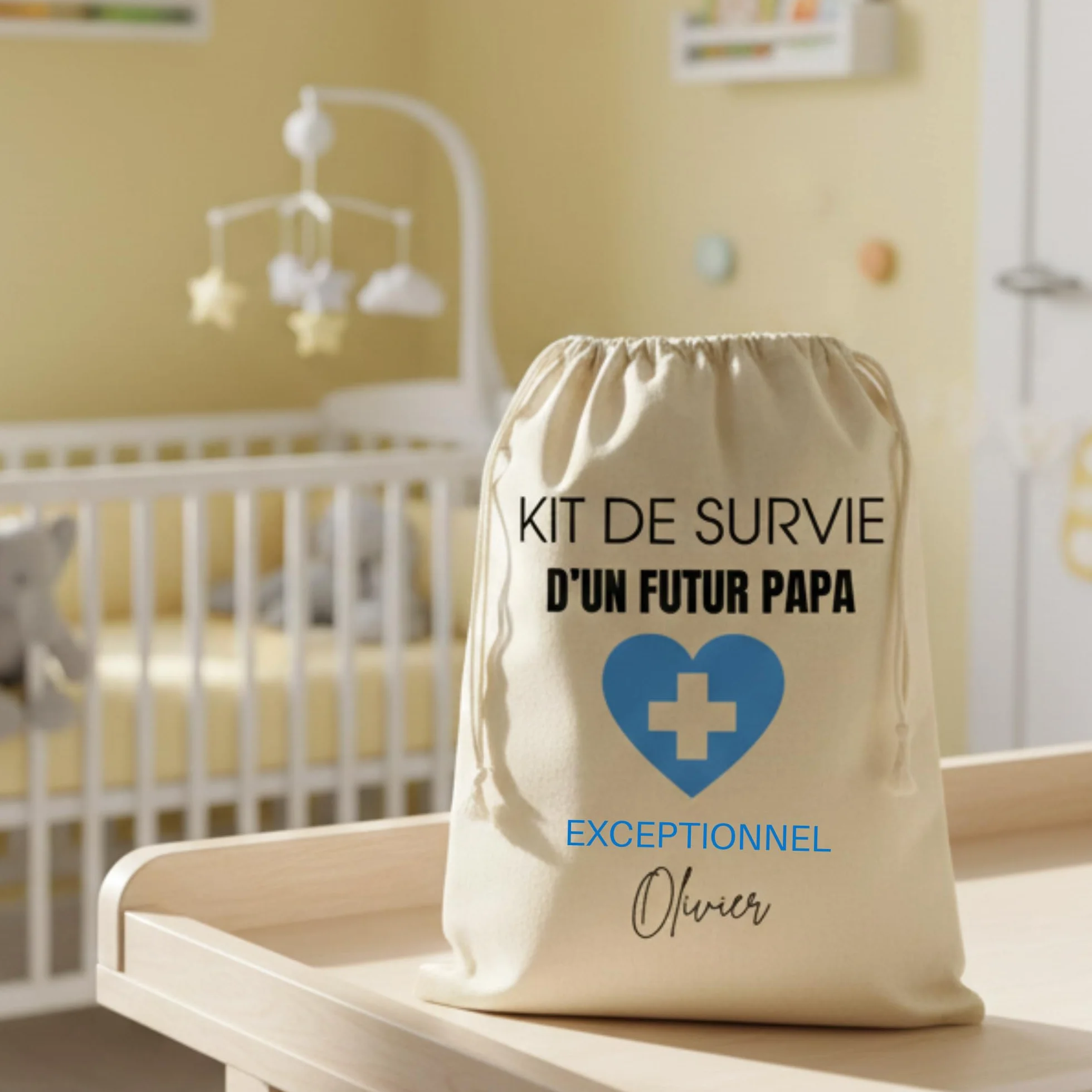 Kit de Survie Futur Papa Personnalisé avec prénom, Pochon Cadeau 34 x 23 cm