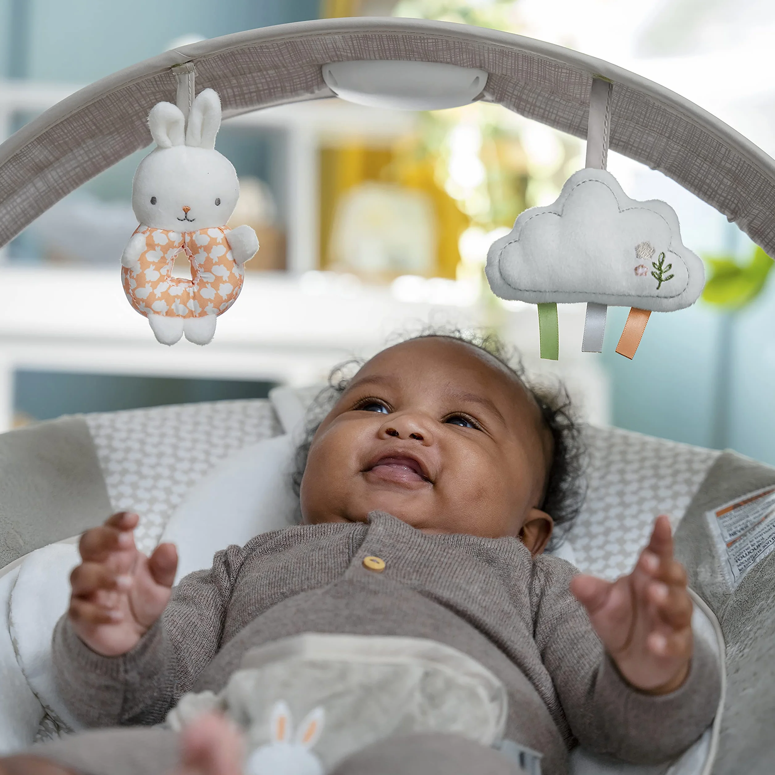 Ingenuity Transat et Siège Sauteur Twinkle Tails 7 Mélodies Vibrations Apaisantes Arche Lumière Jeu Amovible 2 Jouets D’Activités Ultra-Doux Dès Naissance 9 kg