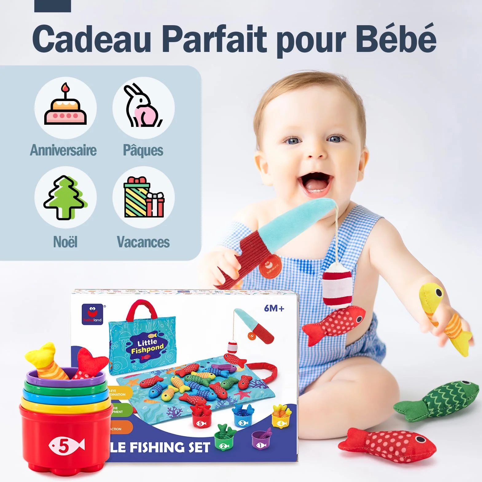 hahaland Jouet Bebe 1 an Jeux Montessori Pêche a la Ligne pour Enfant 1 2 3 Ans Jouet Éducatif Motricité Fine Cadeau Garcon Fille 6 9 12 18 Mois
