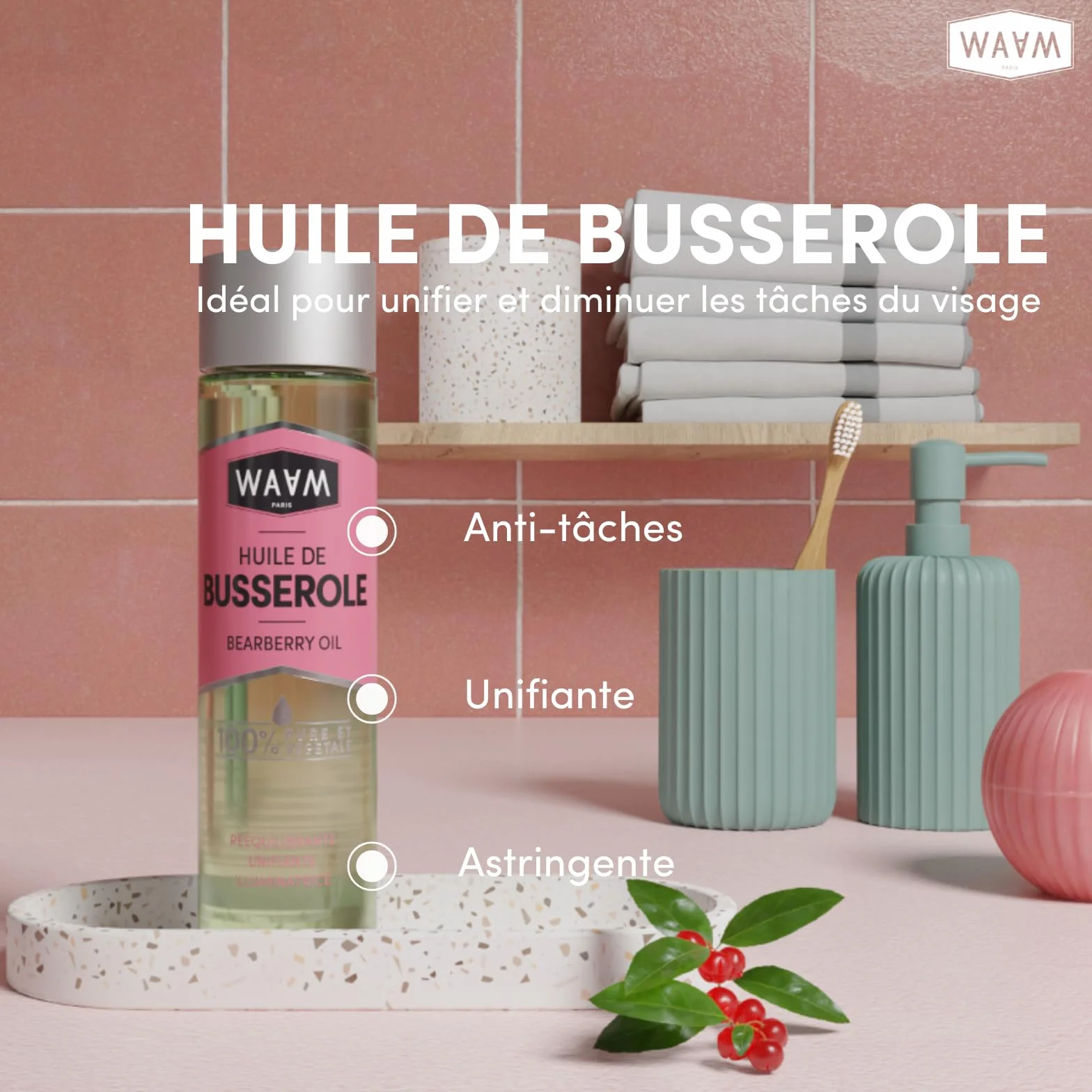 WAAM Cosmetics Huile végétale de Busserole 100% pure naturelle macération à froid anti-tache 75ml
