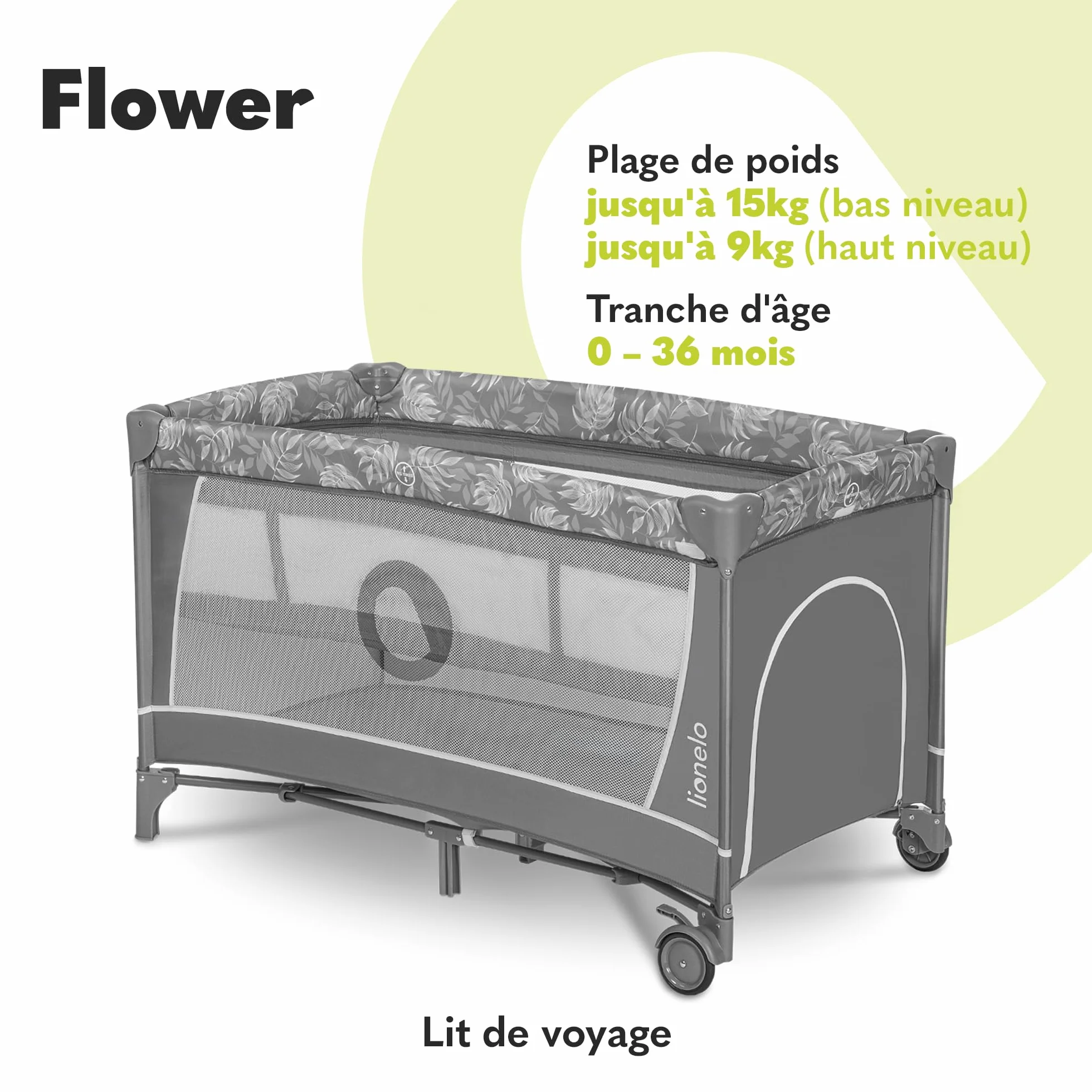 lionelo Flower lit Bebe Deux hauteurs de Matelas entrée latérale Barre Jouets Table à Langer Sac Transport Pliage Rapide Gris II