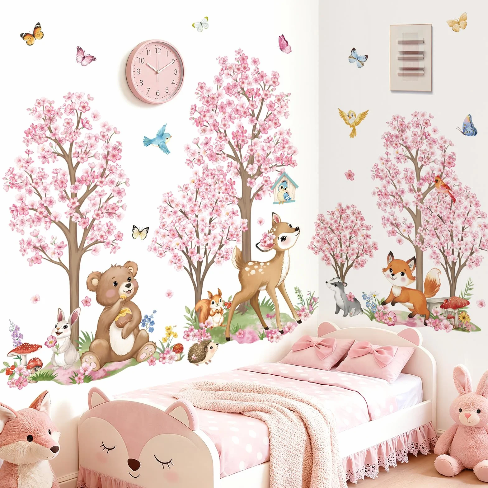 Wondever Stickers Muraux Enfants Fille Fleurs de Cerisier Arbre Grand Autocollants Muraux Forêt Animaux Ours Cerf Renard pour Chambre Bébé