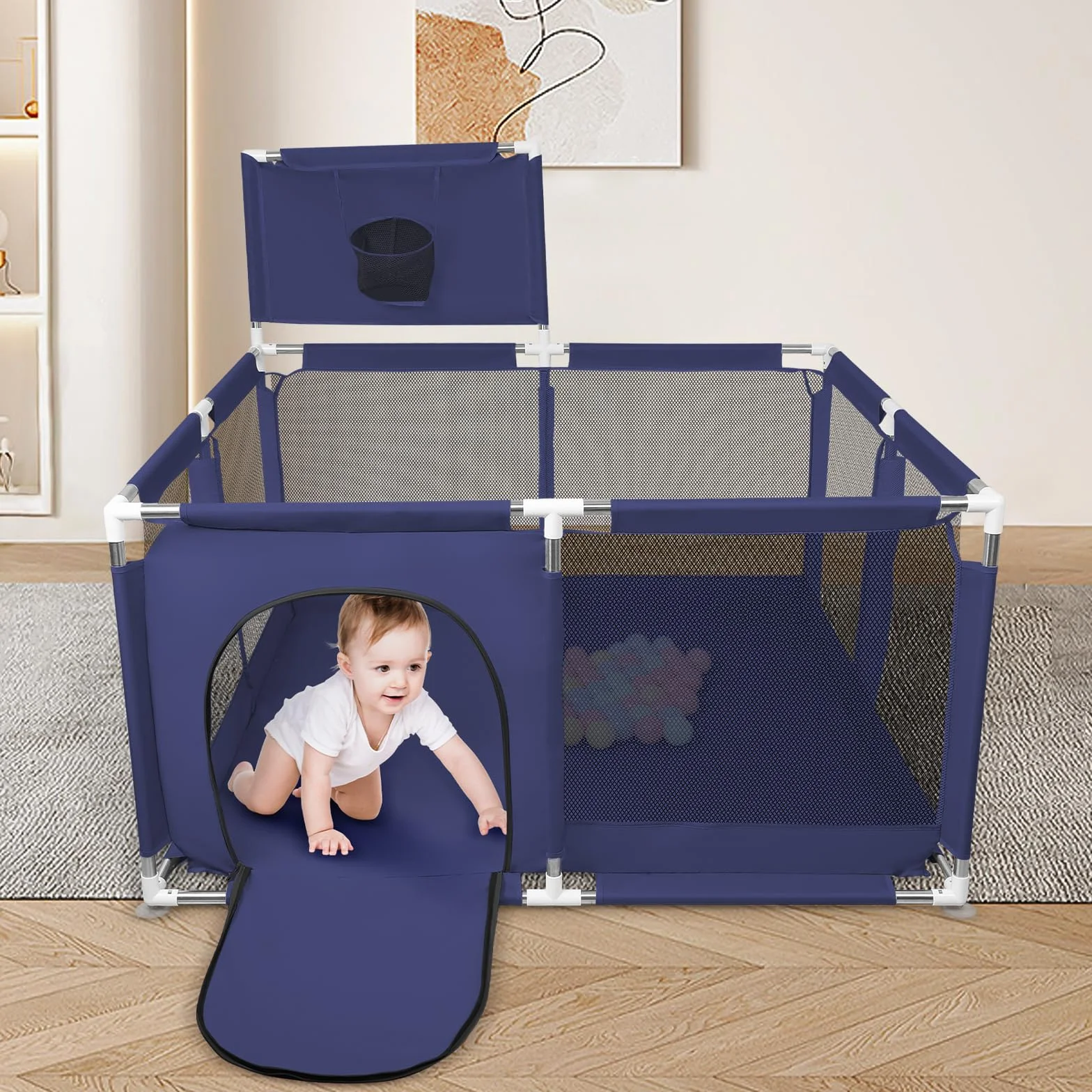 Parc Bébé Modulable Grand Centre d'Activités pour Enfants 126x126x66cm Bleu Marine avec 50 Boules Plastiques