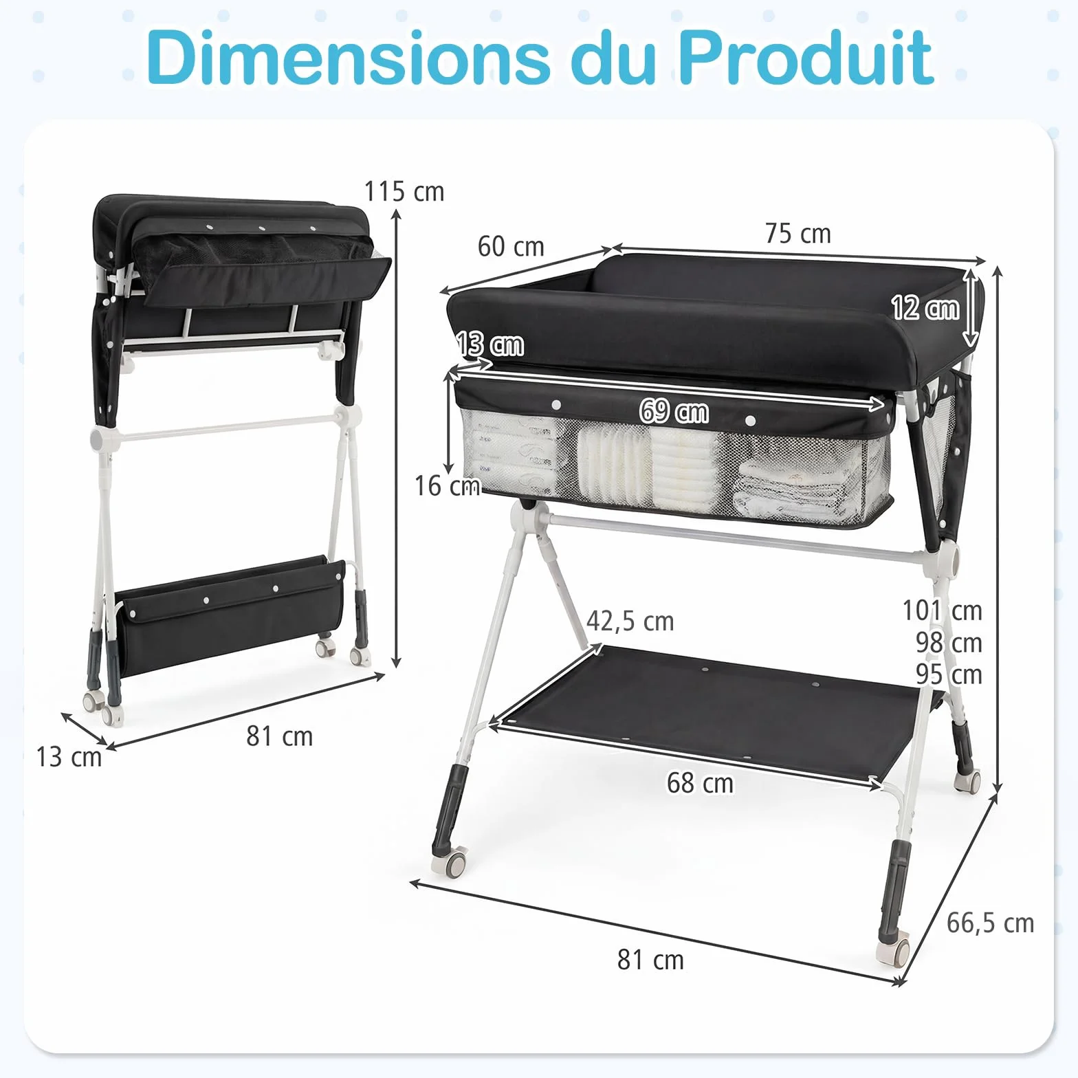 COSTWAY Table à Langer Pliante Bébé Réglable Hauteur 3 Niveaux Roulettes Étagère Panier Organiseur Mobile Noir