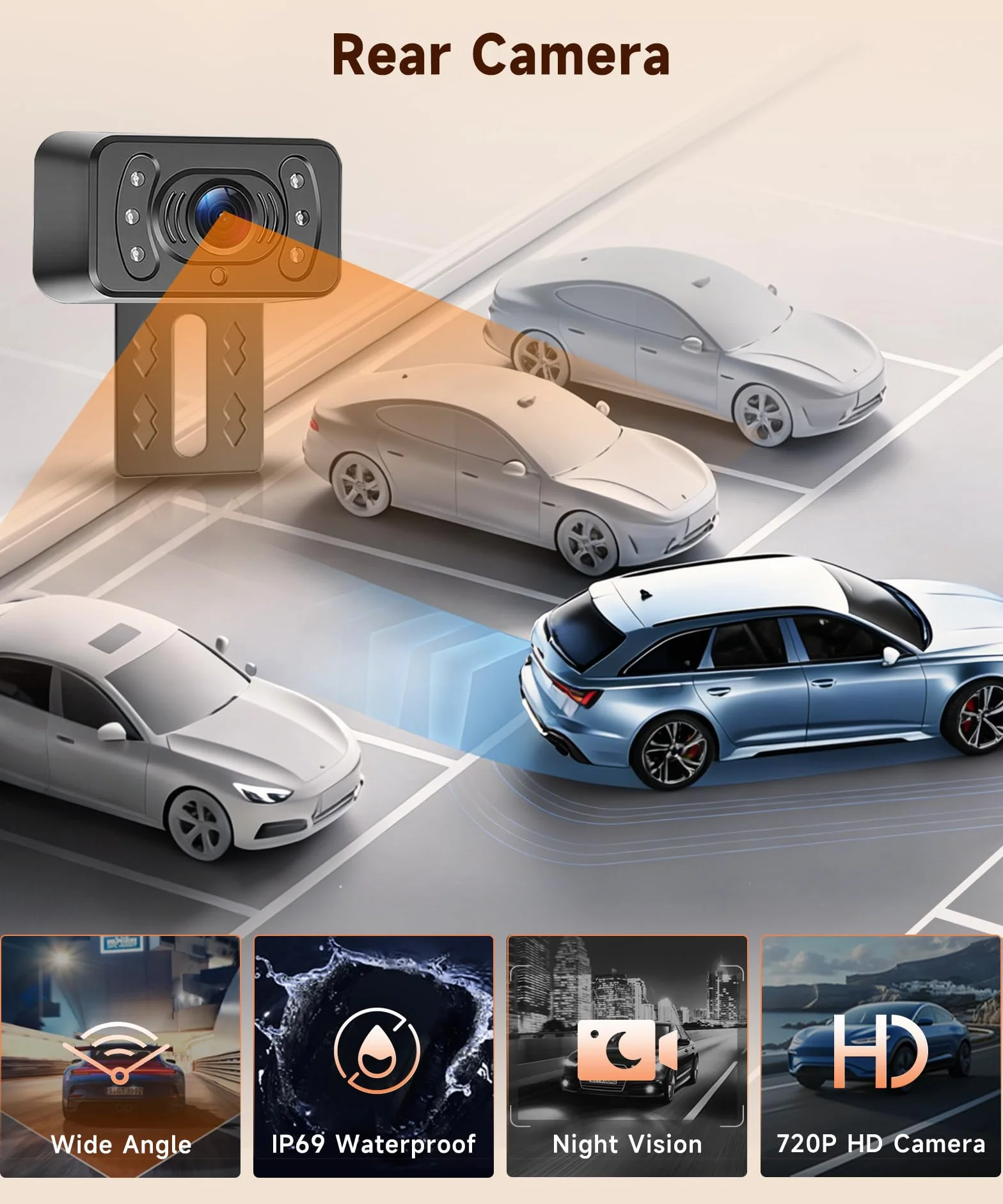 VECHTEL Moniteur Auto 6,86" IPS Double Caméra 720P Rotative 360° IP69 Étanche Vision Nocturne Grand Angle 12V