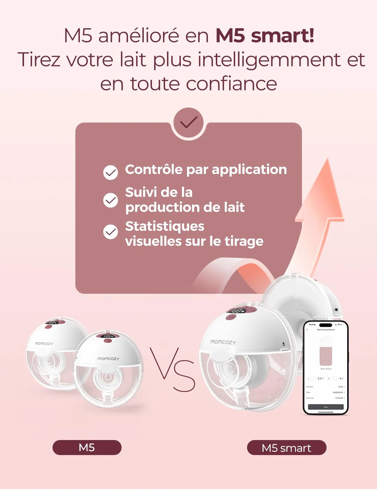 Momcozy M5 Tire-lait Électrique Main Libre, Portable Contrôlé par Application, Sans Fil, 3 Modes 9 Niveaux, Téterelle 24 mm, 2 Pièces