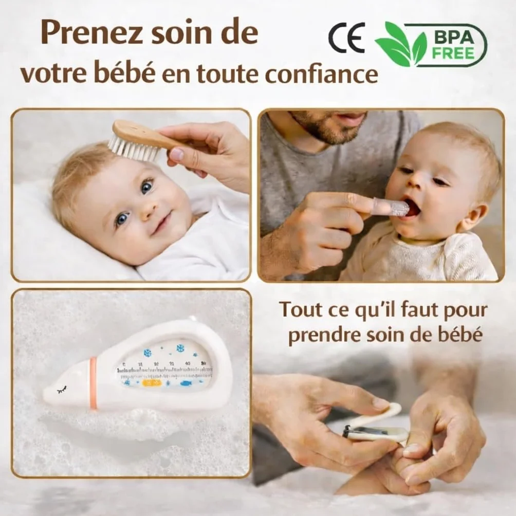 Trousse de Soin Bébé Kit Complet 10 Accessoires Sans BPA Brosse en Bois Coupe-Ongles Ciseaux Cadeau de Naissance