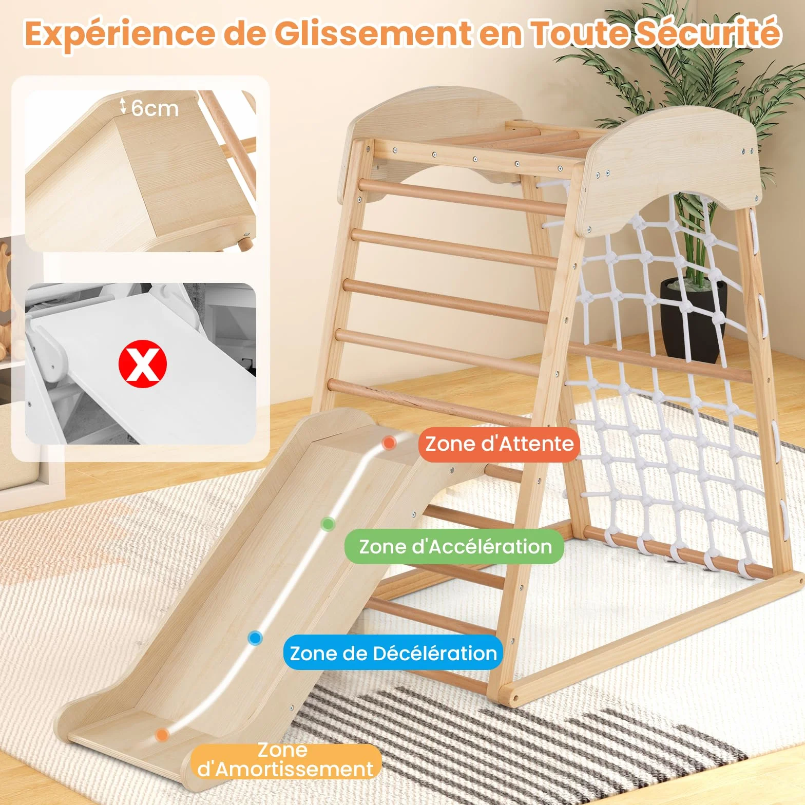 GOPLUS Triangle d'Escalade Montessori 4 en 1 avec Toboggan et Filet, Charge 50KG pour Enfants 1 an+