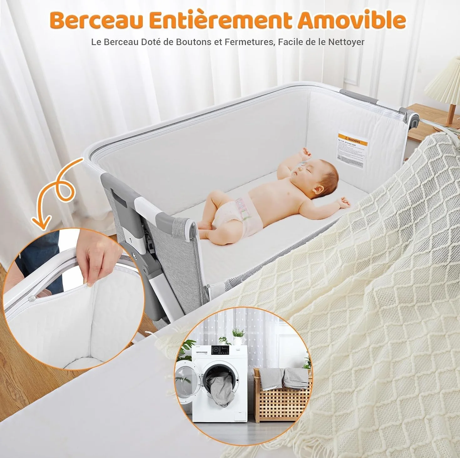Lit Bébé Évolutif 3 en 1 Convertible Cododo avec Moustiquaire, Matelas, Bascule, 7 Hauteurs Réglables, 0-36 Mois