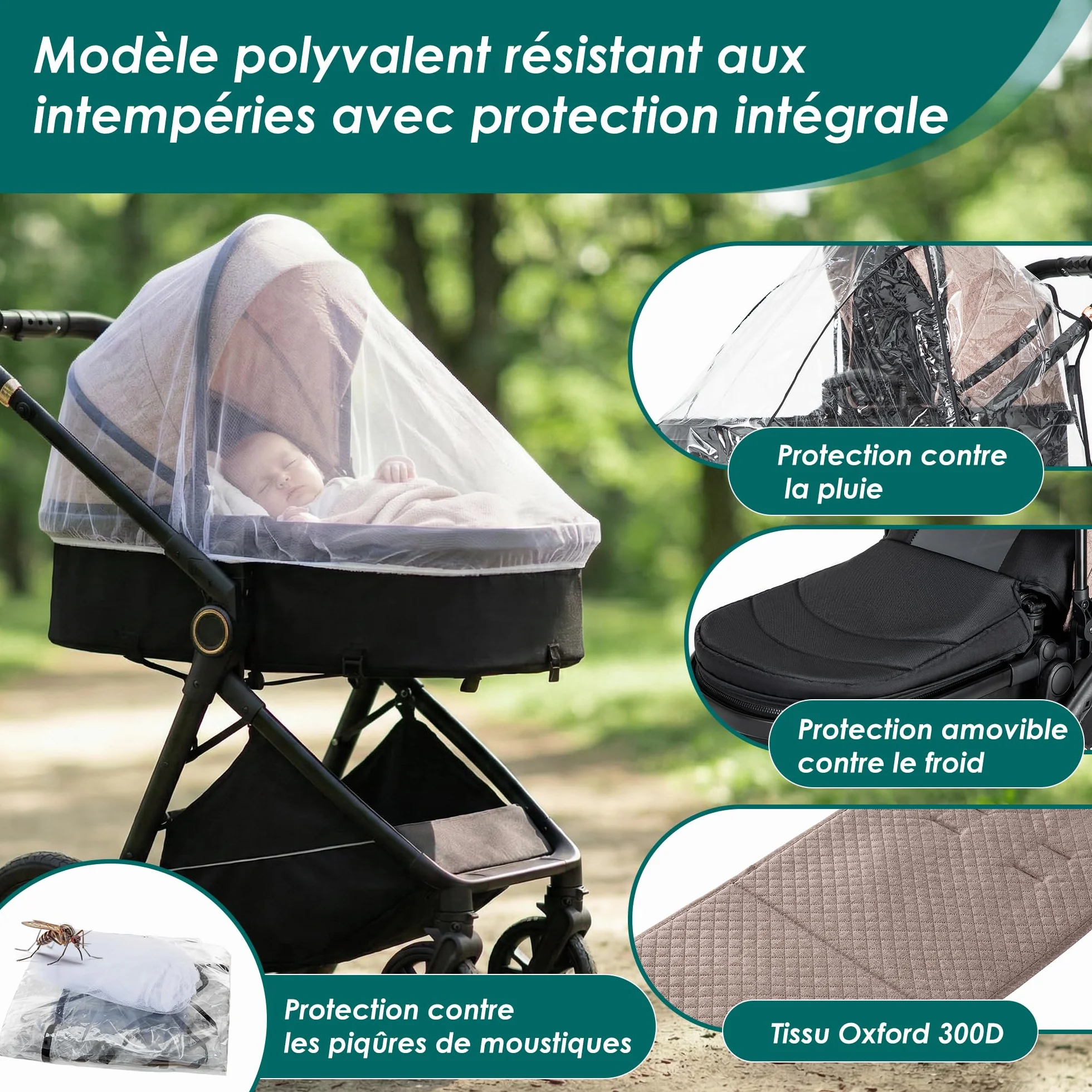 Poussette 3 en 1 Siège Auto Léger Bébé Pliable 0-36 Mois Kaki