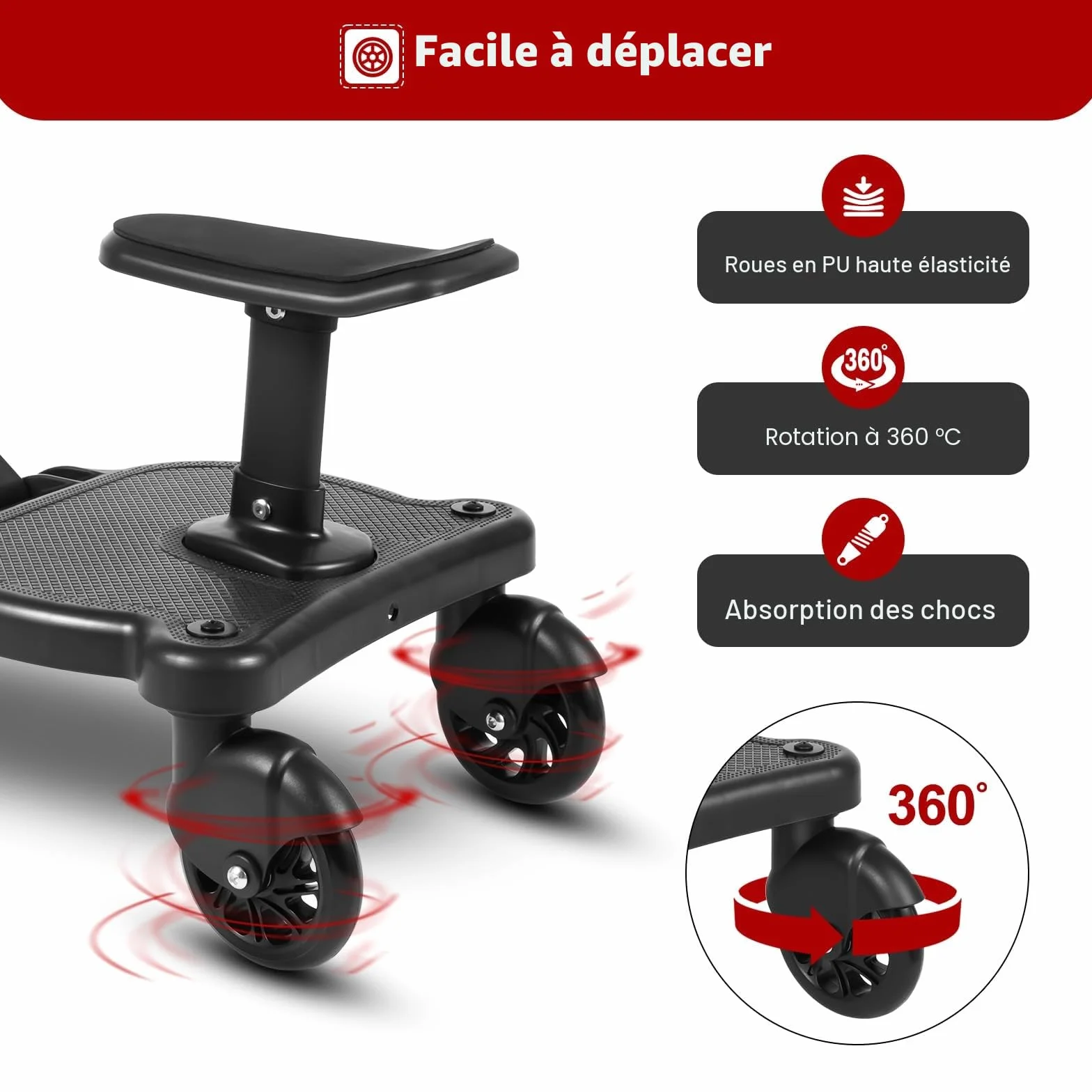 Planche Poussette Universelle avec Siège Amovible, Charge 25kg, Noir