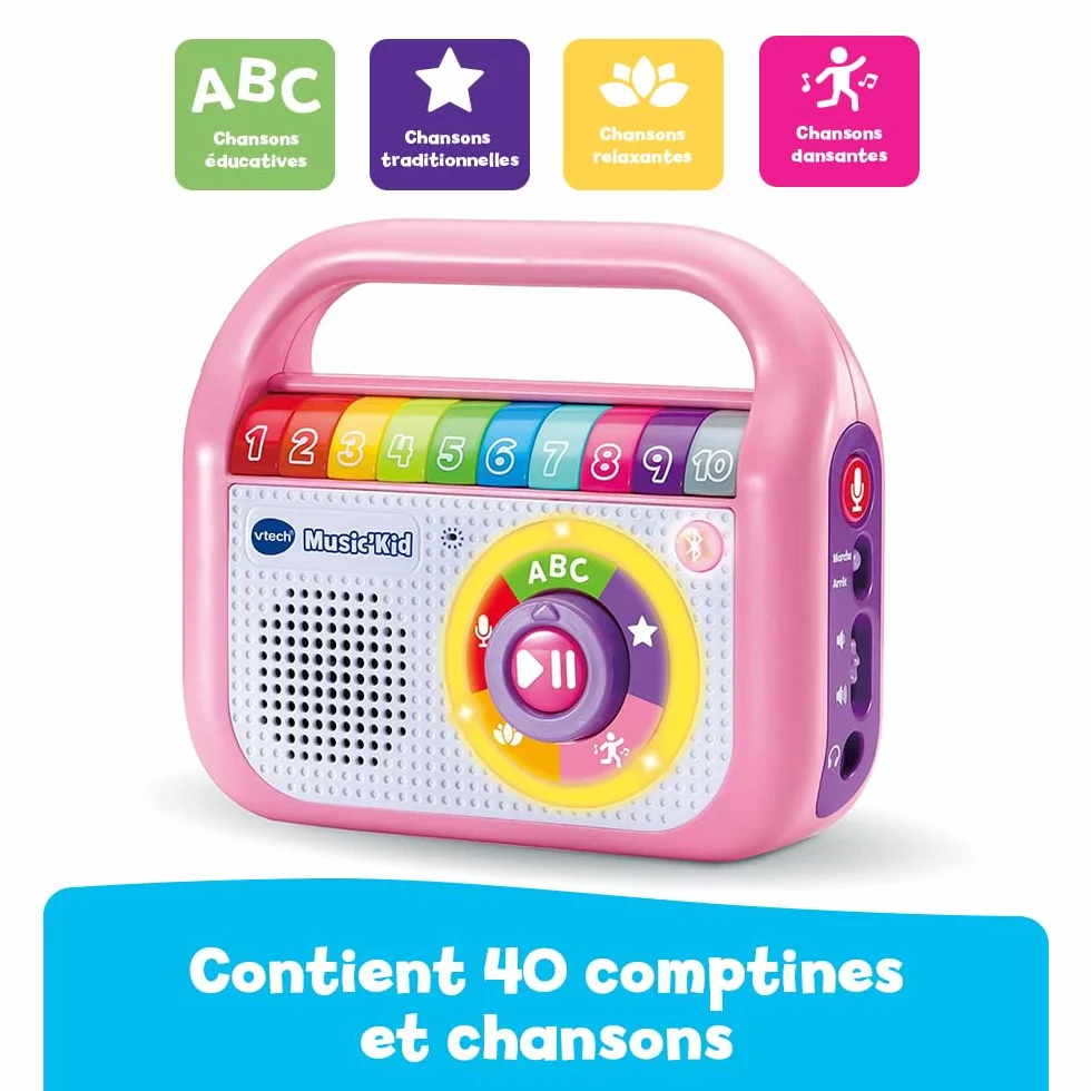 VTech Music'Kid Rose Baladeur Musical Enfant Enceinte Bluetooth Lumineuse Comptines Chansons Éducatives Enregistreur Vocal Cadeau 2 Ans Français