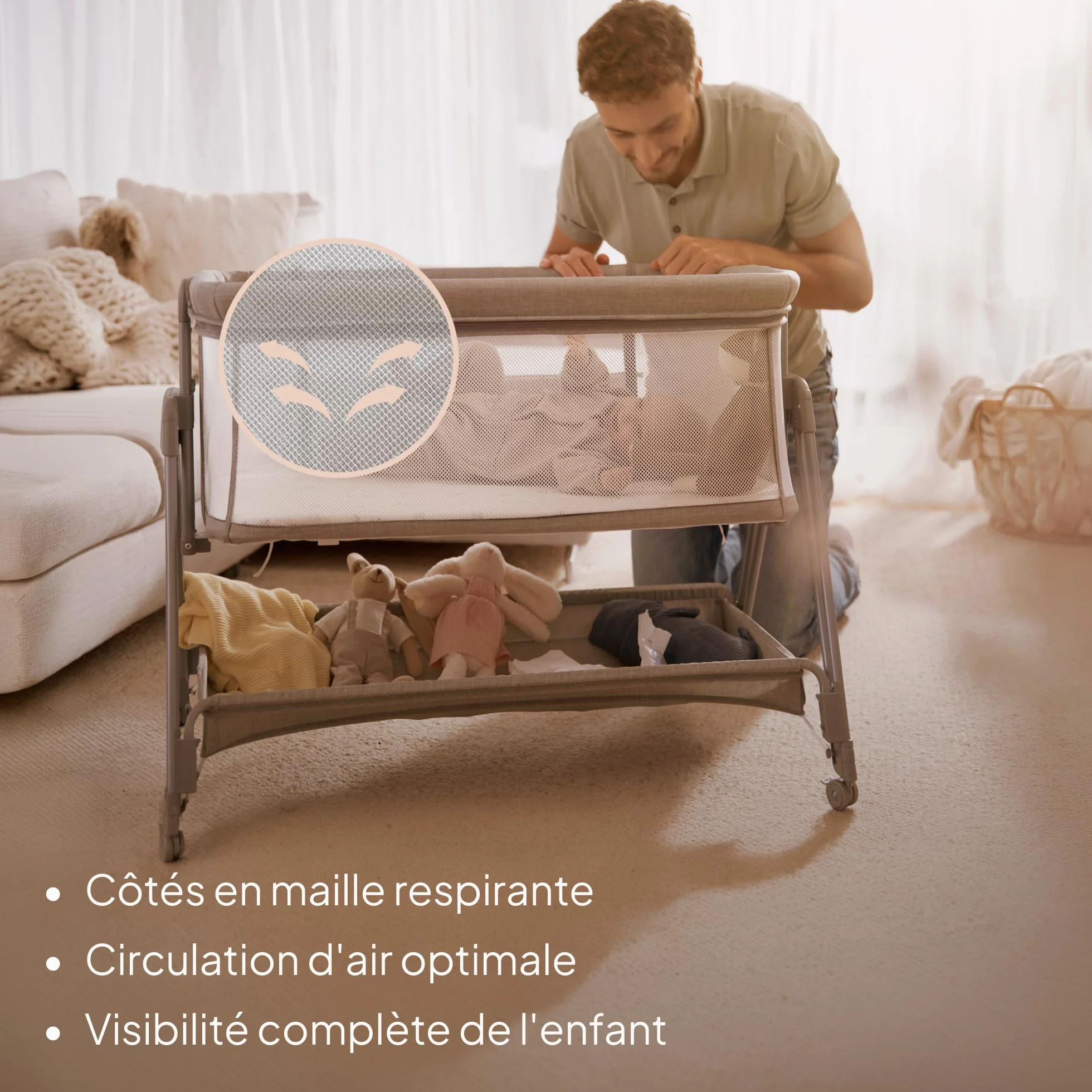 Lionelo Luna Lit Bebe Indépendant Cododo avec Matelas Co-Sleeping Nouveau-né 9 kg Hauteur Inclinaison Réglables 4 Roues Blocage Fixation Lit Parents Aéré Beige