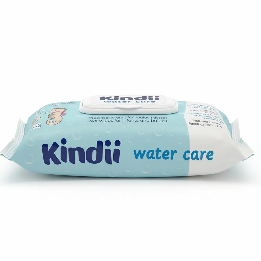 Kindii Water Care Lingettes Humides Bébé 60 unités 100% Viscose 99,9% Eau 150 × 200 mm non parfumées Peaux Sensibles