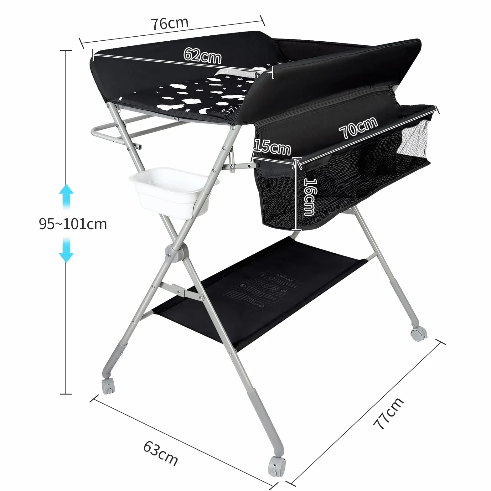 Table à langer pliable avec matelas, roulettes et harnais de sécurité, réglable en hauteur