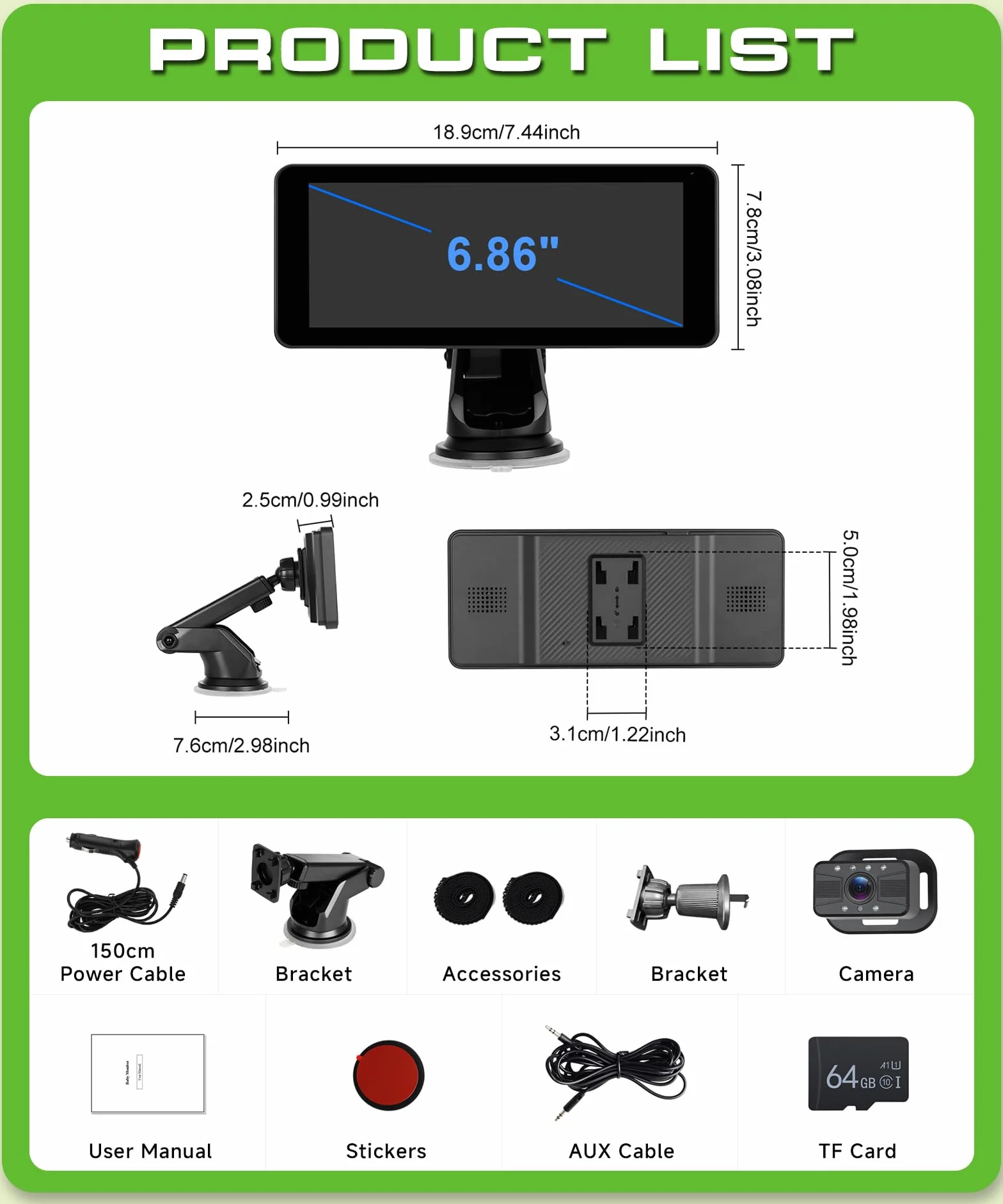 VECHTEL Camera Voiture bébé 2 enfants écran partagé 6,86 pouces HD 720P vision nocturne rotative 360° support ventouse