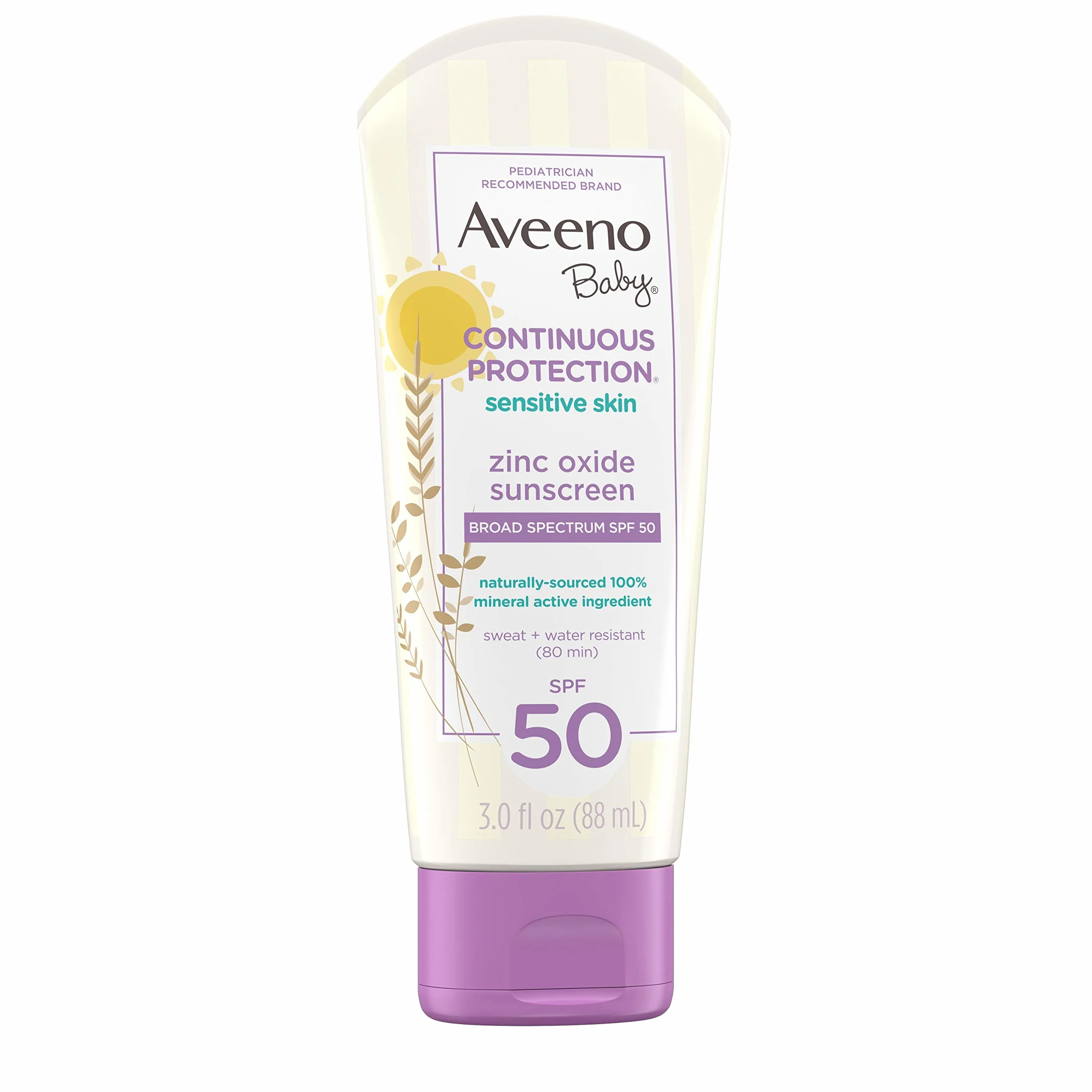Aveeno Baby Continuous Protection Zinc Oxide Mineral Sunscreen Lotion SPF 50, Water Resistant, 3.0 Fl. Oz
