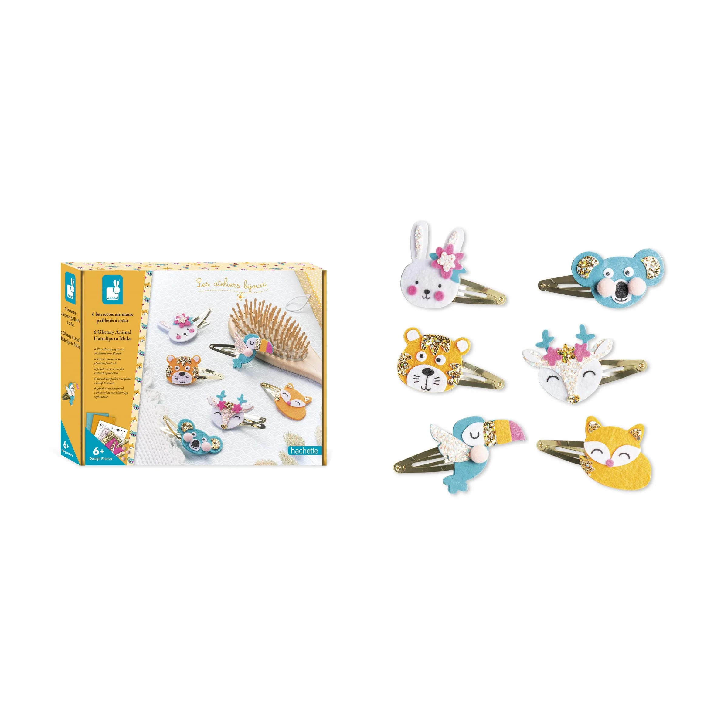 Janod Coffret 6 Barrettes à Créer Animaux Pailletés Les Ateliers Bijoux Kit Loisir Créatif Enfant Dès 6 ans