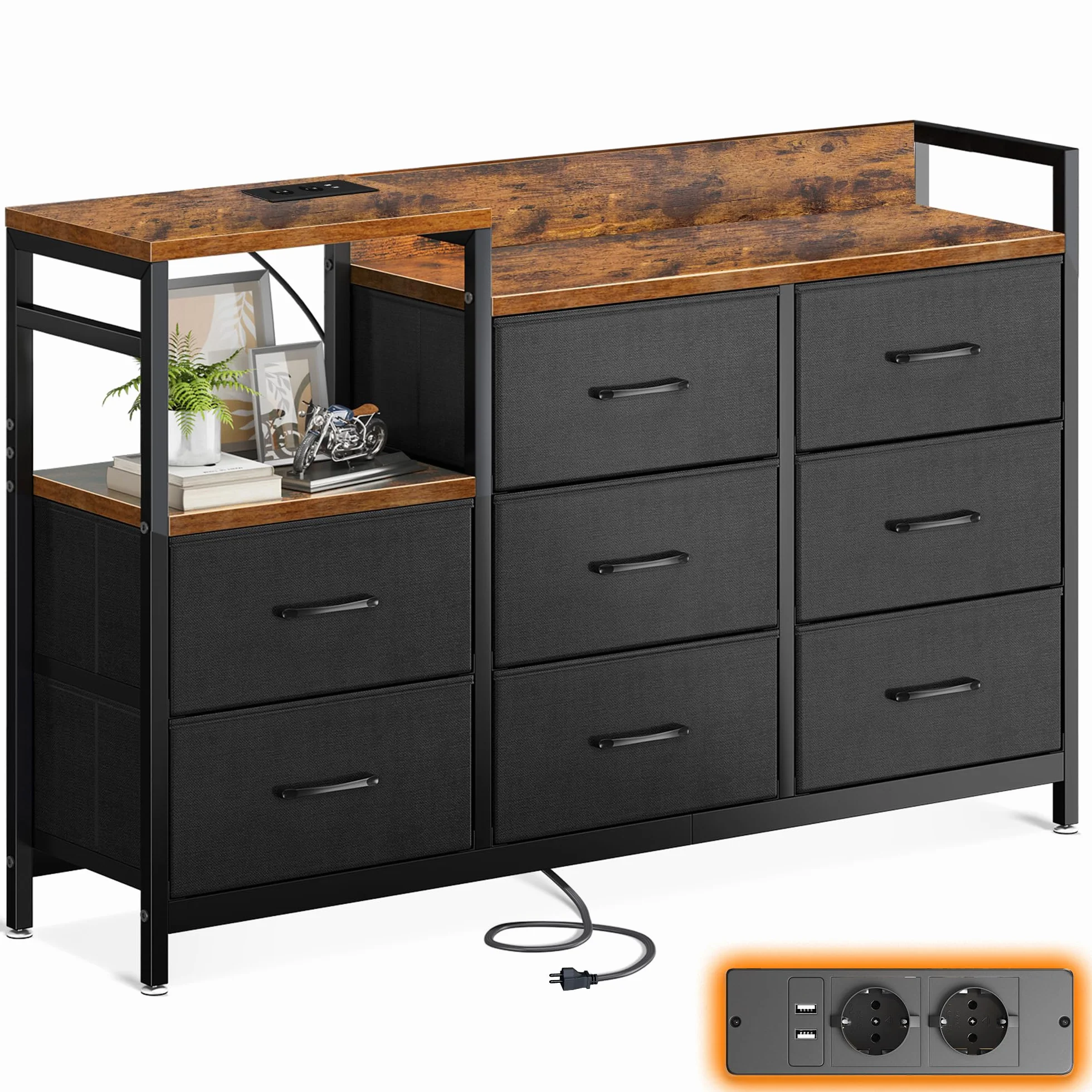 ODK Commode Chambre 2 Ports USB 2 Ports AC Armoire à tiroirs 132x30x88 cm Vintage Noir