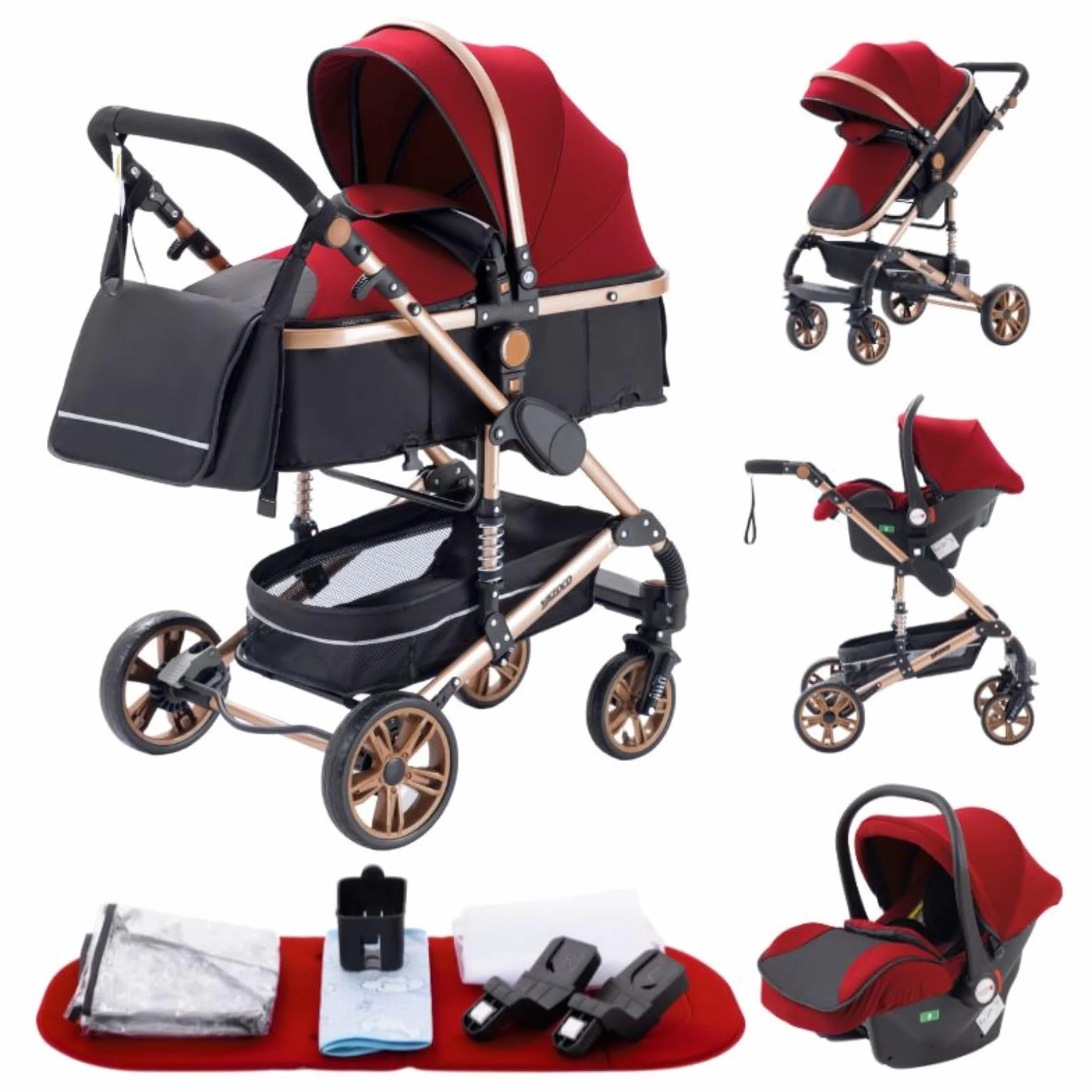 Poussette Canne 3 en 1 GLOKID Trio 739 Rouge avec Siège, Nacelle et Grandes Roues