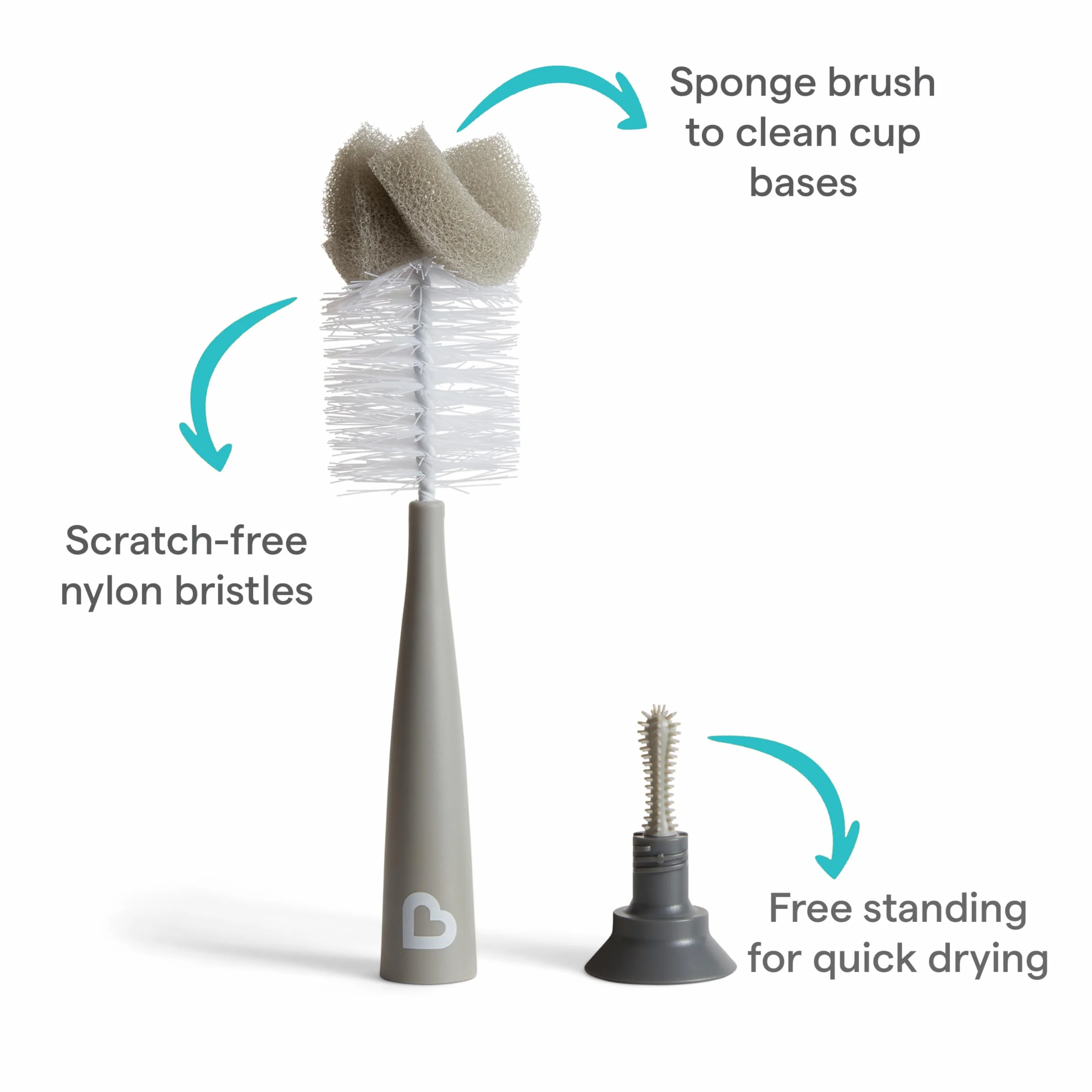 Munchkin Brosse à Biberon Lot de 2 Gris, Nettoyage Biberons et Bouteilles, Brosse à Tétine Intégrée, Autonome, Compatible Lave-vaisselle