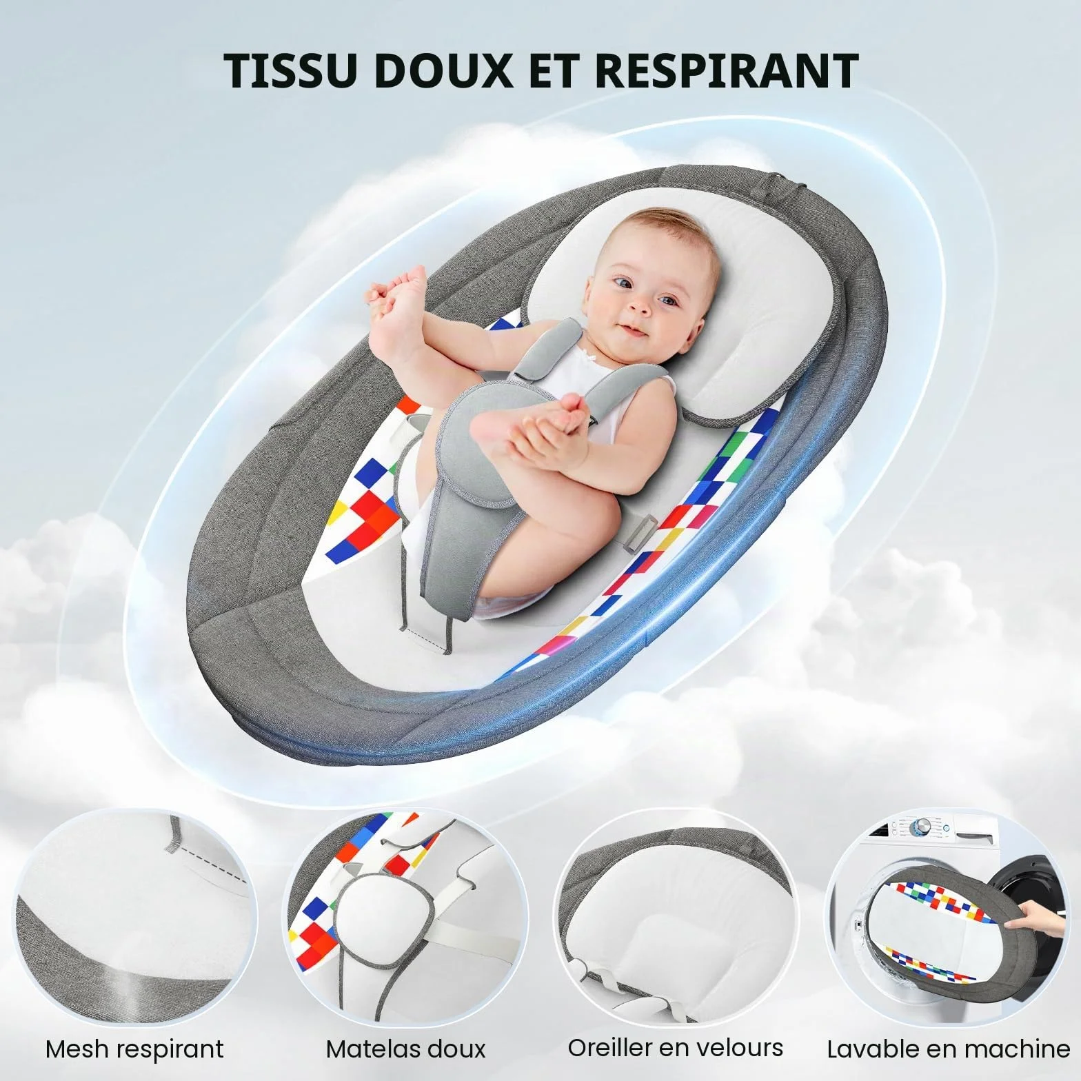 Balancelle Bébé Électrique Transat avec APP et Télécommande, Harnais 5 Points, 3 Minuteries, 5 Vitesses, 10 Mélodies, 0-9 Mois