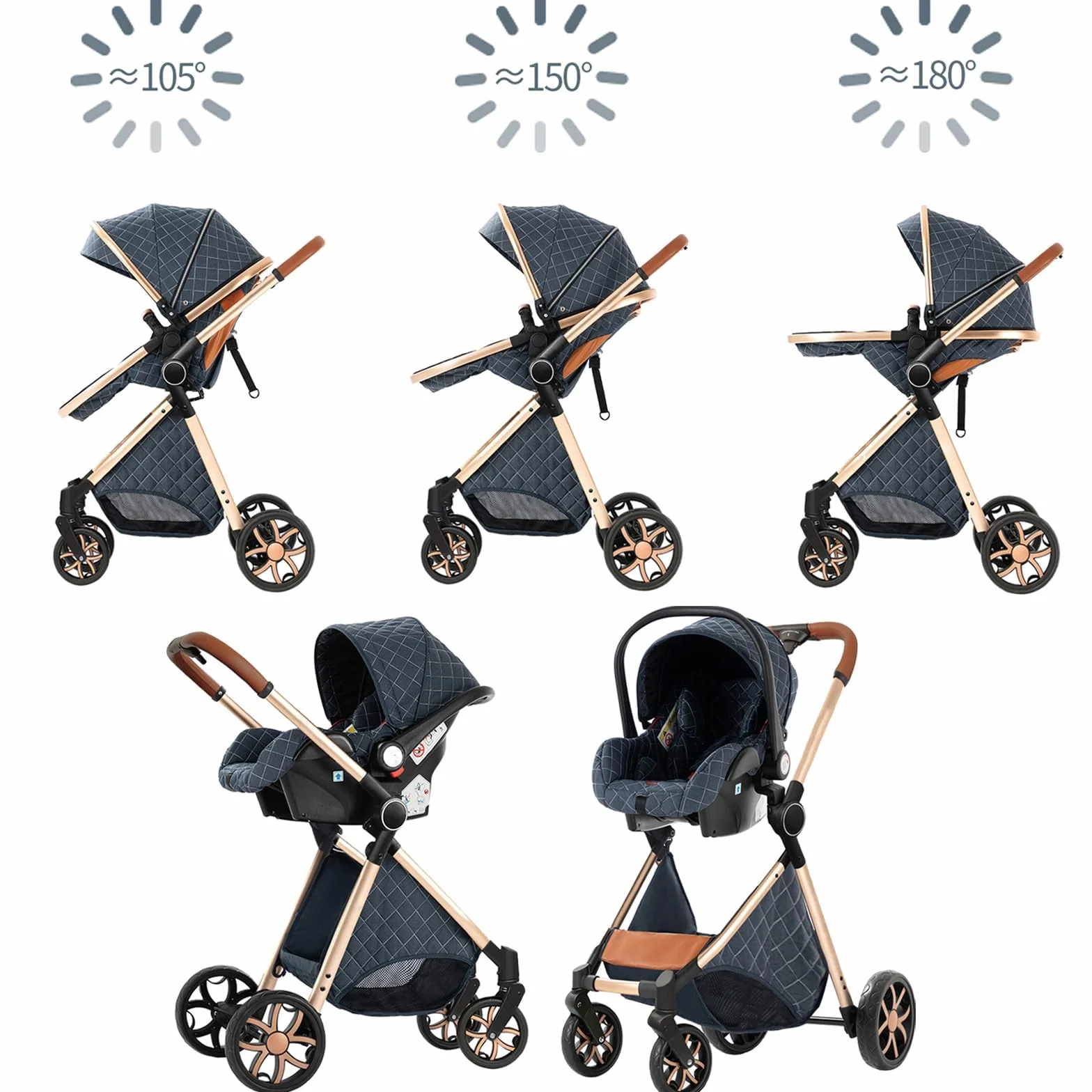Poussette 3 en 1 Tissus Haut de Gamme Vision Buverte Poussoir Bidirectionnel Avec Cosy V9 Dark Black