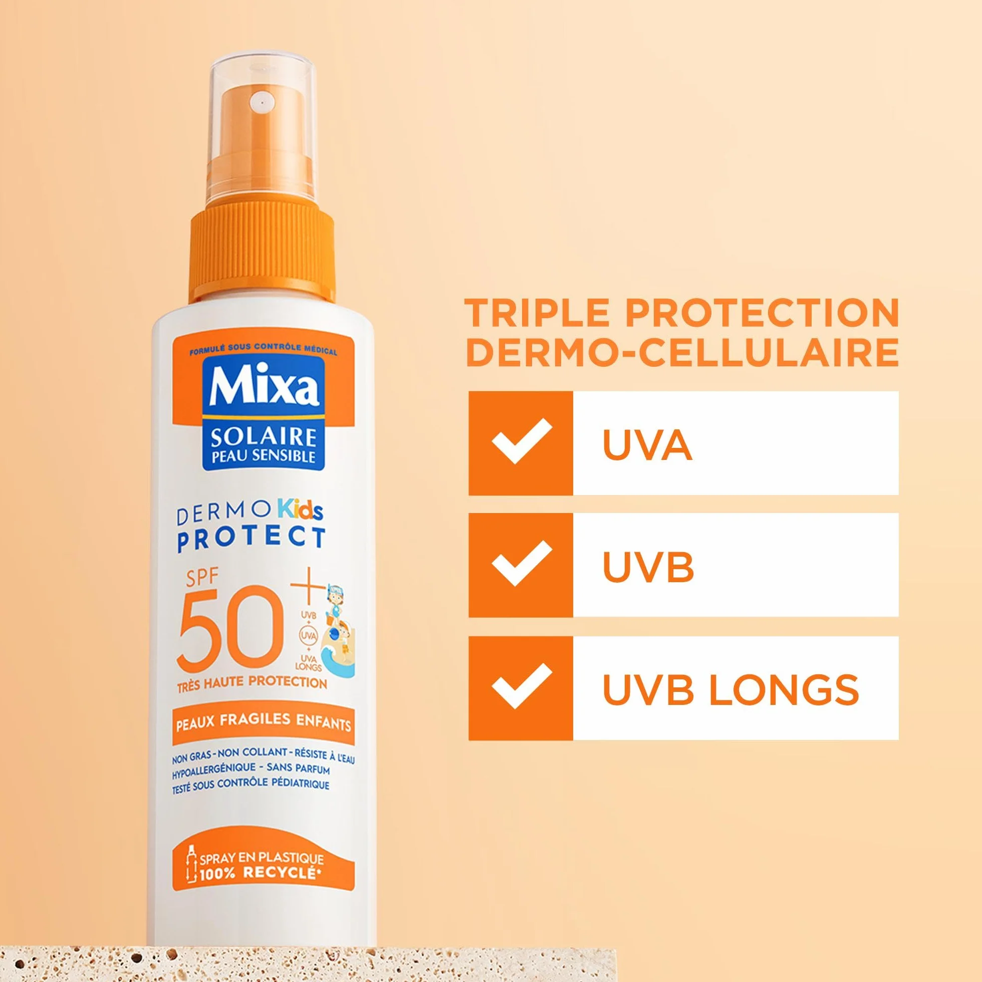 Mixa Solaire Spray Très Haute Protection SPF50+ UVA UVB Peaux Fragiles Enfants Résistant à l'Eau Anti-sable Hypoallergénique Sans Parfum 150ml