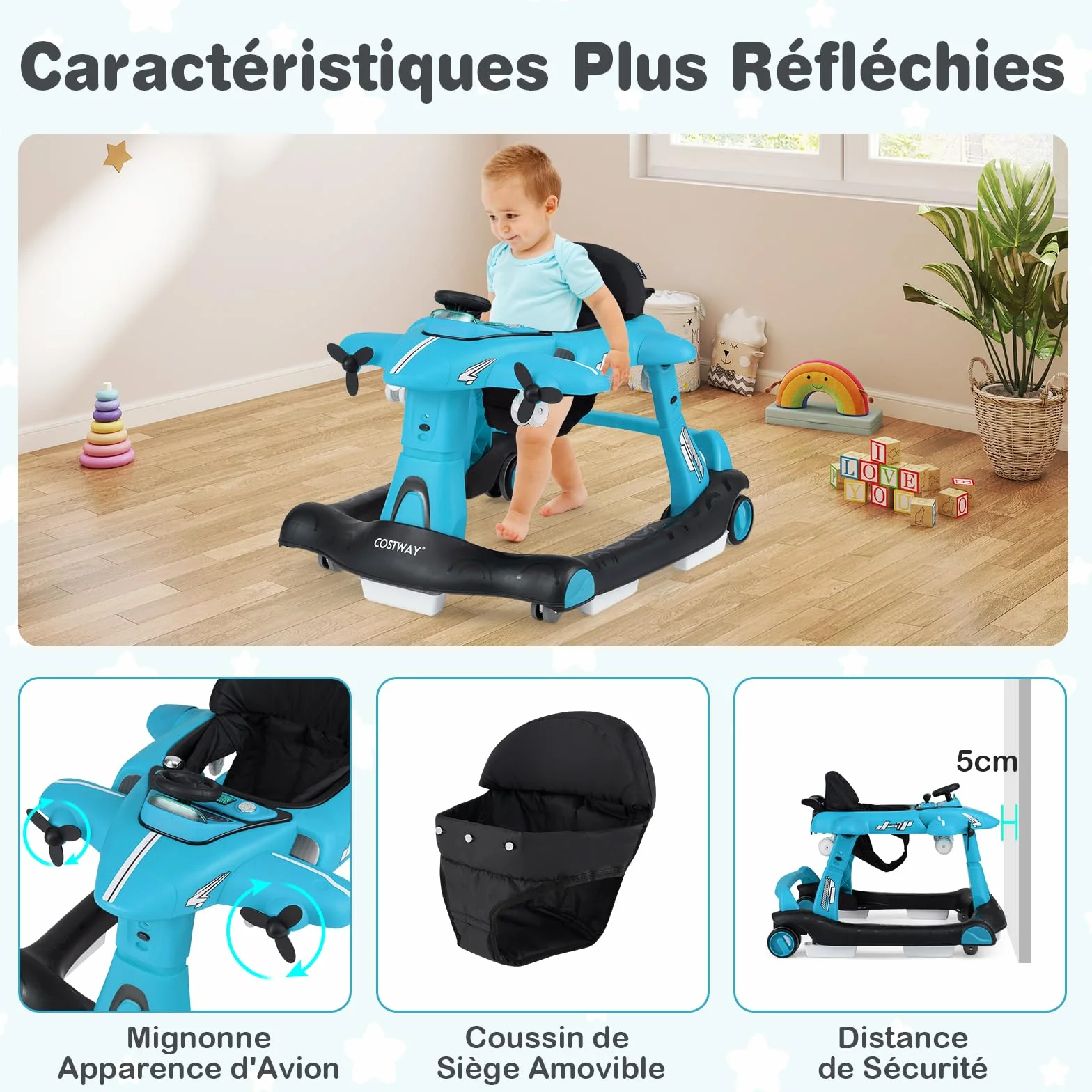 GOPLUS Trotteur Bébé Pliable 6 en 1, 3 Hauteurs Réglables, Roue Silencieuse, Charge 12KG pour 6-18 Mois