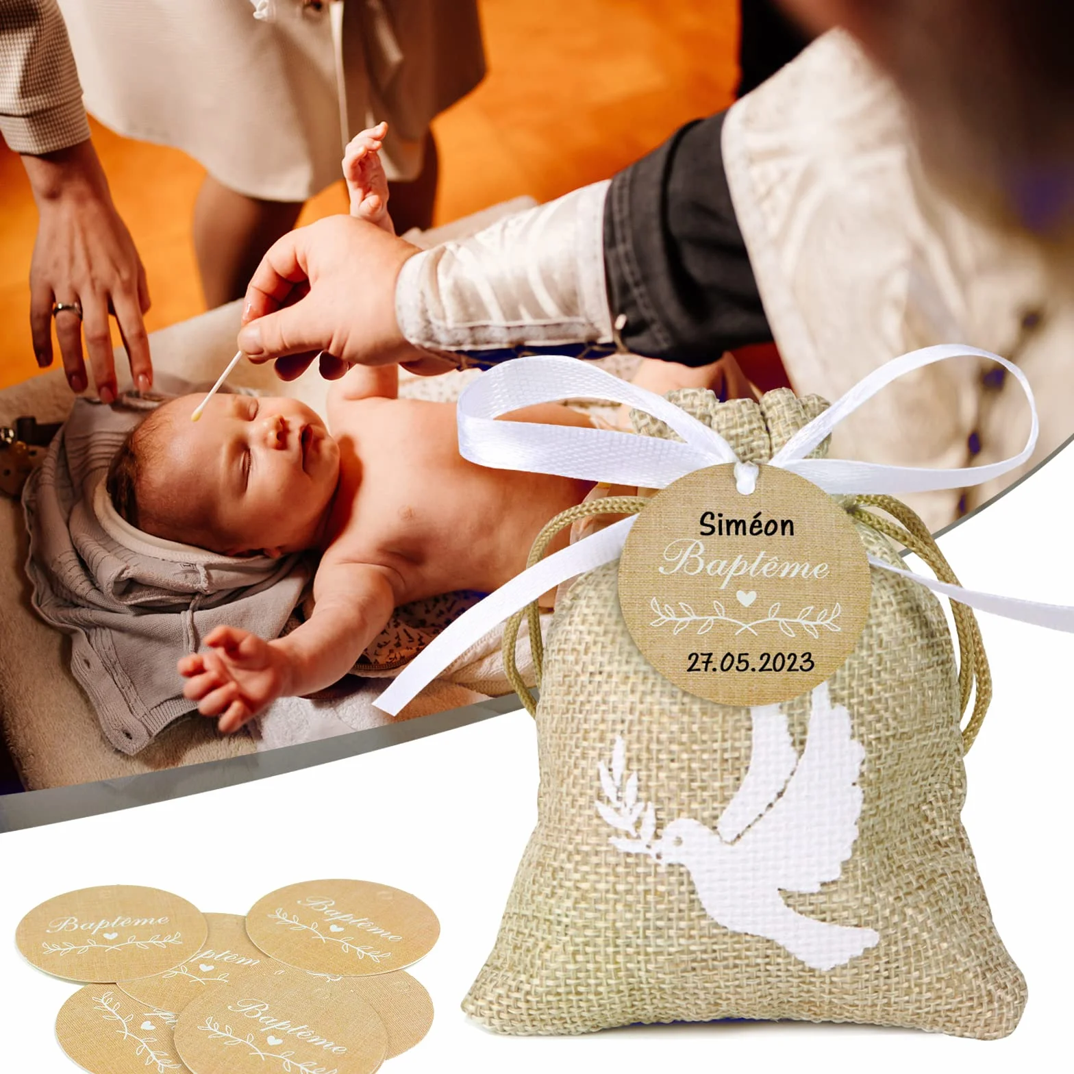 20Pcs Sachet Jute Etiquette Baptême Pochette Dragée Motif Colombe Cadeau Invité Décoration avec Ruban