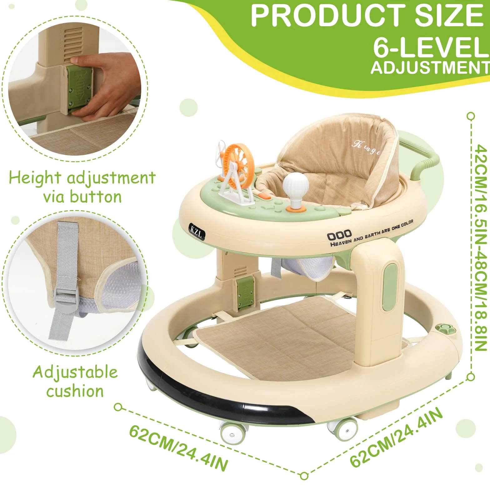 Trotteur Bébé 3 en 1 Babywalker avec 6 Hauteurs Réglables, Roues Silencieuses 360°, Plateau Repas et Musical Amovible, Vert
