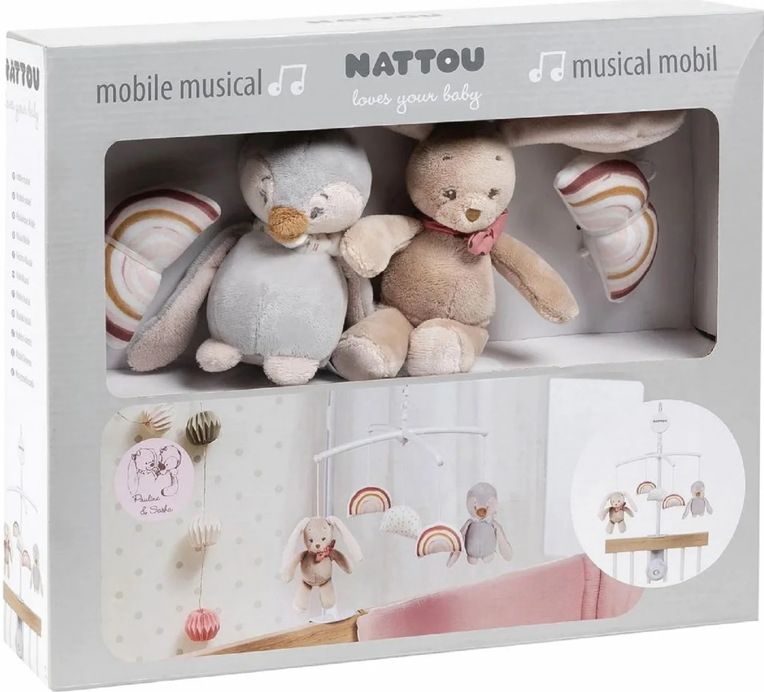 Nattou Mobile avec Boîte à Musique Lapine et Pingouin, Berceuse Douce La-Le-Lu, 37 x 31 x 9 cm, Rose/Gris/Marron