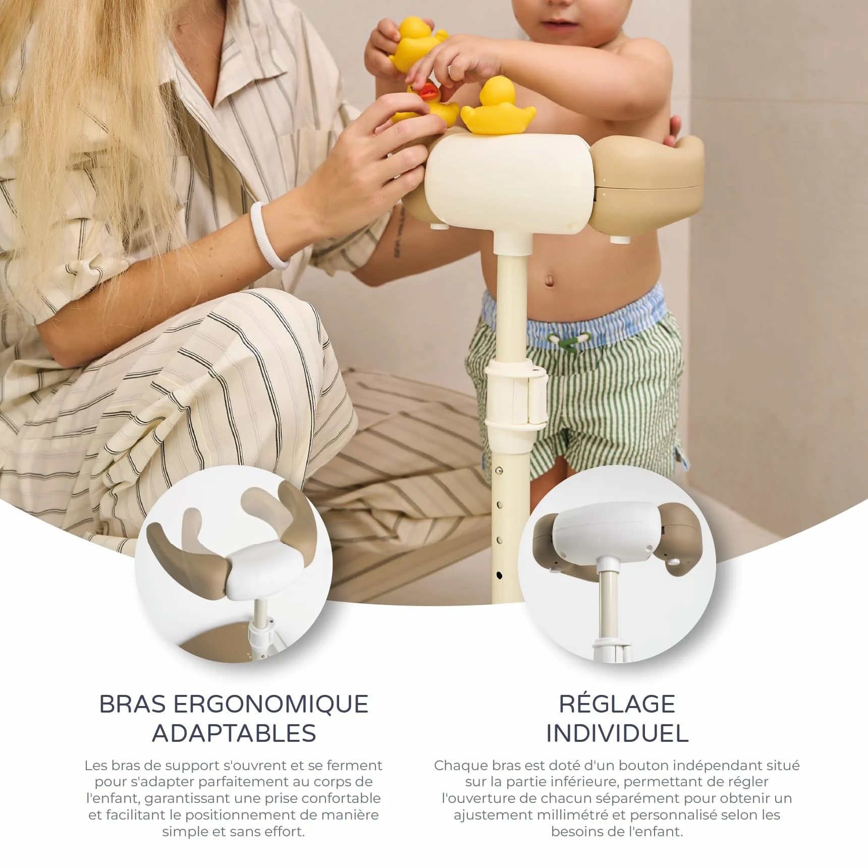 Ms BabyWorld Support de bain et douche pour bébé pliable avec base antidérapante, hauteur et largeur réglables, Beige