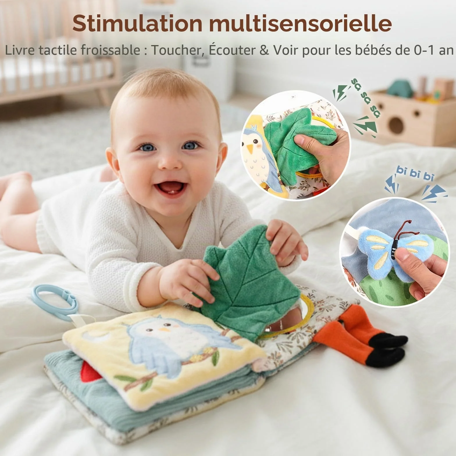 Livre de bébé en tissu avec miroir sensoriel crépitant pour nouveau-né 0-6 mois