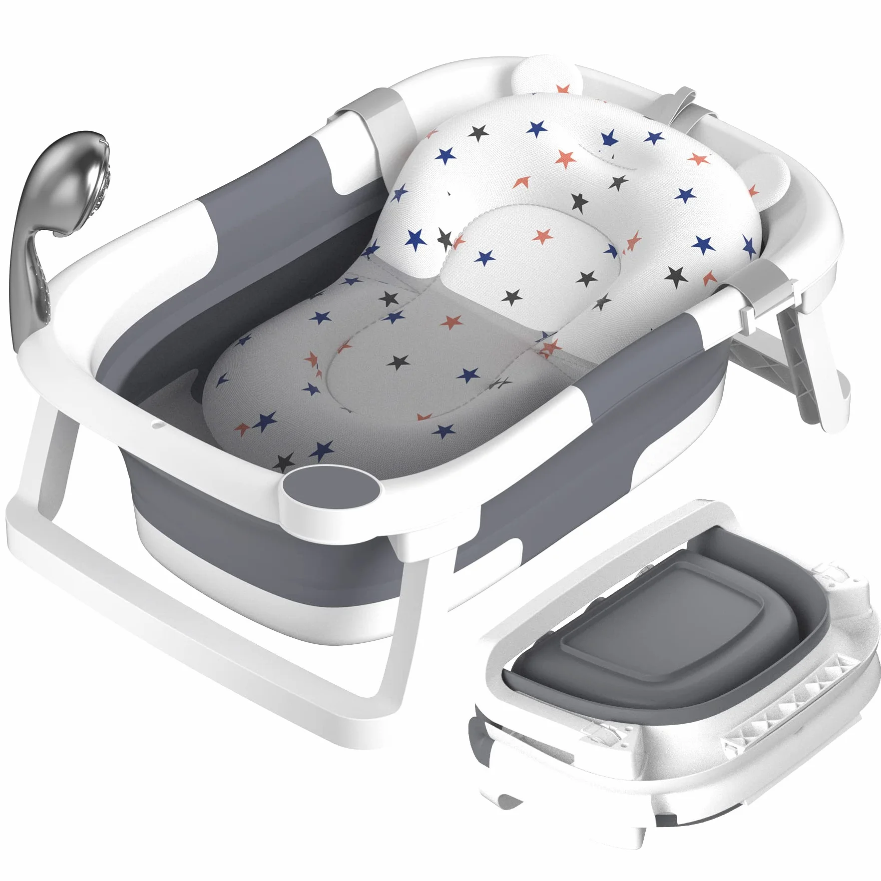 Baignoire Bébé Pliable Antidérapant avec Tapis et Trous de Drainage pour Nouveau-Nés et Tout-Petits Gris